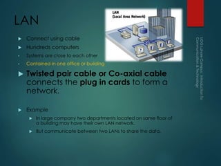 LAN
 Connect using cable
 Hundreds computers
• Systems are close to each other
• Contained in one office or building
 Twisted pair cable or Co-axial cable
connects the plug in cards to form a
network.
 Example
 In large company two departments located on same floor of
a building may have their own LAN network.
 But communicate between two LANs to share the data.
 