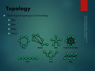 Topology
 Some logical topologies of networking
 Star
 Bus
 Ring
 Mesh
 