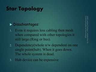 Star Topology
 Disadvantages:
1. Even it requires less cabling then mesh
when compared with other topologies it
still large.(Ring or bus).
2. Dependency(whole n/w dependent on one
single point(hub). When it goes down.
The whole system is dead.
3. Hub device can be expensive
 