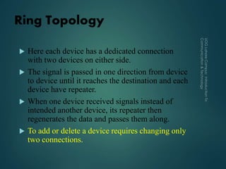 Ring Topology
 Here each device has a dedicated connection
with two devices on either side.
 The signal is passed in one direction from device
to device until it reaches the destination and each
device have repeater.
 When one device received signals instead of
intended another device, its repeater then
regenerates the data and passes them along.
 To add or delete a device requires changing only
two connections.
 