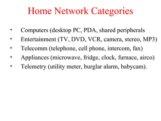 Home Network Categories
• Computers (desktop PC, PDA, shared peripherals
• Entertainment (TV, DVD, VCR, camera, stereo, MP3)
• Telecomm (telephone, cell phone, intercom, fax)
• Appliances (microwave, fridge, clock, furnace, airco)
• Telemetry (utility meter, burglar alarm, babycam).
 