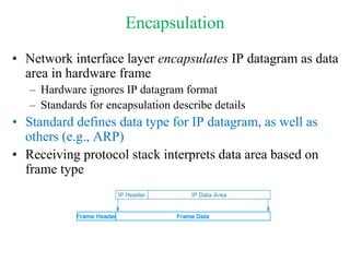 Encapsulation
• Network interface layer encapsulates IP datagram as data
area in hardware frame
– Hardware ignores IP datagram format
– Standards for encapsulation describe details
• Standard defines data type for IP datagram, as well as
others (e.g., ARP)
• Receiving protocol stack interprets data area based on
frame type
 