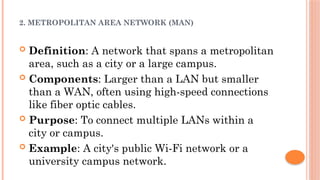 2. METROPOLITAN AREA NETWORK (MAN)
 Definition: A network that spans a metropolitan
area, such as a city or a large campus.
 Components: Larger than a LAN but smaller
than a WAN, often using high-speed connections
like fiber optic cables.
 Purpose: To connect multiple LANs within a
city or campus.
 Example: A city's public Wi-Fi network or a
university campus network.
 