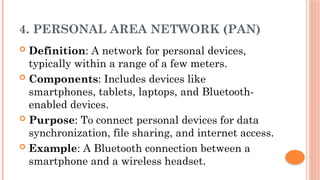 4. PERSONAL AREA NETWORK (PAN)
 Definition: A network for personal devices,
typically within a range of a few meters.
 Components: Includes devices like
smartphones, tablets, laptops, and Bluetooth-
enabled devices.
 Purpose: To connect personal devices for data
synchronization, file sharing, and internet access.
 Example: A Bluetooth connection between a
smartphone and a wireless headset.
 