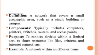 BASIC NETWORK TYPES (SIZE)
1. LOCAL AREA NETWORK (LAN)
 Definition: A network that covers a small
geographic area, such as a single building or
campus.
 Components: Typically includes computers,
printers, switches, routers, and access points.
 Purpose: To connect devices within a limited
area to share resources like files, printers, and
internet connections.
 Example: A network within an office or home.
 