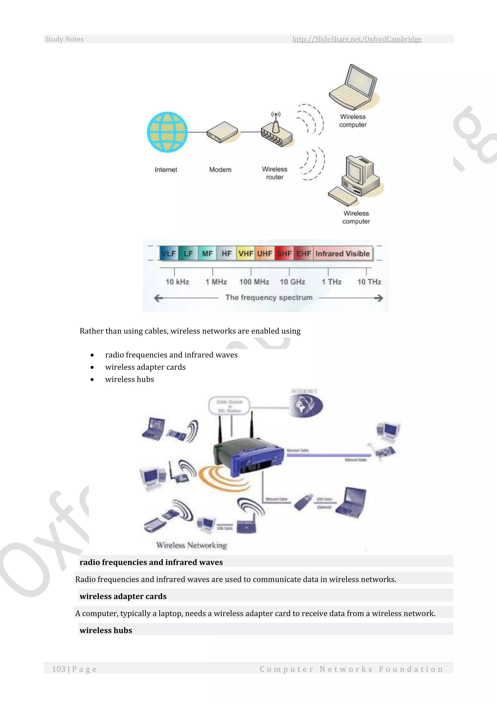 Study Notes http://SlideShare.net/OxfordCambridge
103 | P a g e C o m p u t e r N e t w o r k s F o u n d a t i o n
Rather than using cables, wireless networks are enabled using
 radio frequencies and infrared waves
 wireless adapter cards
 wireless hubs
radio frequencies and infrared waves
Radio frequencies and infrared waves are used to communicate data in wireless networks.
wireless adapter cards
A computer, typically a laptop, needs a wireless adapter card to receive data from a wireless network.
wireless hubs
 
