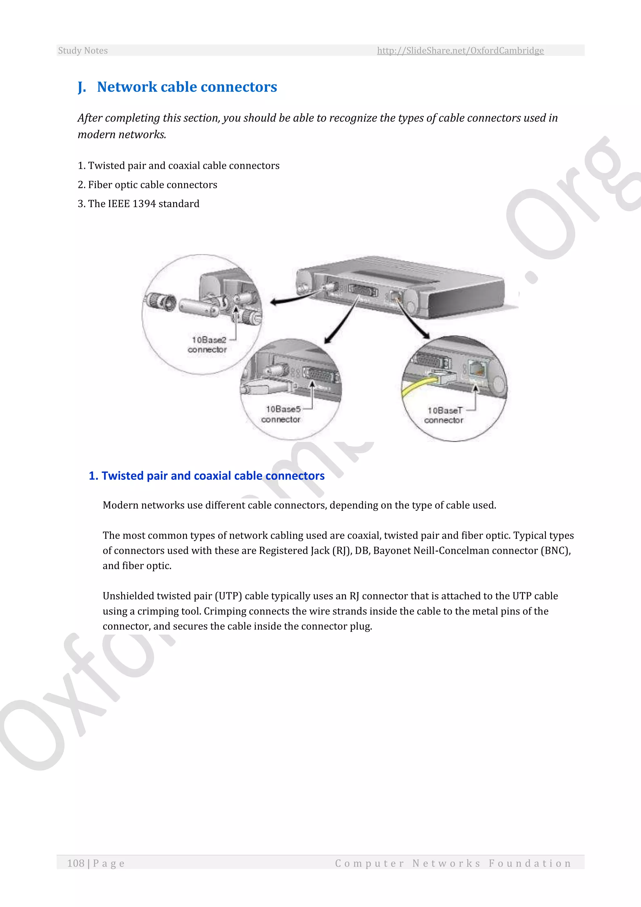 Study Notes http://SlideShare.net/OxfordCambridge
108 | P a g e C o m p u t e r N e t w o r k s F o u n d a t i o n
J. Network cable connectors
After completing this section, you should be able to recognize the types of cable connectors used in
modern networks.
1. Twisted pair and coaxial cable connectors
2. Fiber optic cable connectors
3. The IEEE 1394 standard
1. Twisted pair and coaxial cable connectors
Modern networks use different cable connectors, depending on the type of cable used.
The most common types of network cabling used are coaxial, twisted pair and fiber optic. Typical types
of connectors used with these are Registered Jack (RJ), DB, Bayonet Neill-Concelman connector (BNC),
and fiber optic.
Unshielded twisted pair (UTP) cable typically uses an RJ connector that is attached to the UTP cable
using a crimping tool. Crimping connects the wire strands inside the cable to the metal pins of the
connector, and secures the cable inside the connector plug.
 