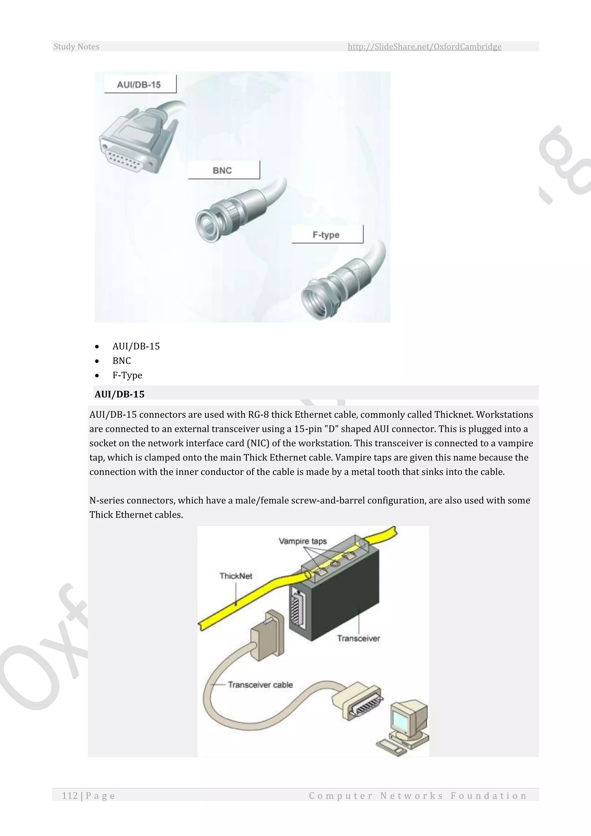 Study Notes http://SlideShare.net/OxfordCambridge
112 | P a g e C o m p u t e r N e t w o r k s F o u n d a t i o n
 AUI/DB-15
 BNC
 F-Type
AUI/DB-15
AUI/DB-15 connectors are used with RG-8 thick Ethernet cable, commonly called Thicknet. Workstations
are connected to an external transceiver using a 15-pin "D" shaped AUI connector. This is plugged into a
socket on the network interface card (NIC) of the workstation. This transceiver is connected to a vampire
tap, which is clamped onto the main Thick Ethernet cable. Vampire taps are given this name because the
connection with the inner conductor of the cable is made by a metal tooth that sinks into the cable.
N-series connectors, which have a male/female screw-and-barrel configuration, are also used with some
Thick Ethernet cables.
 