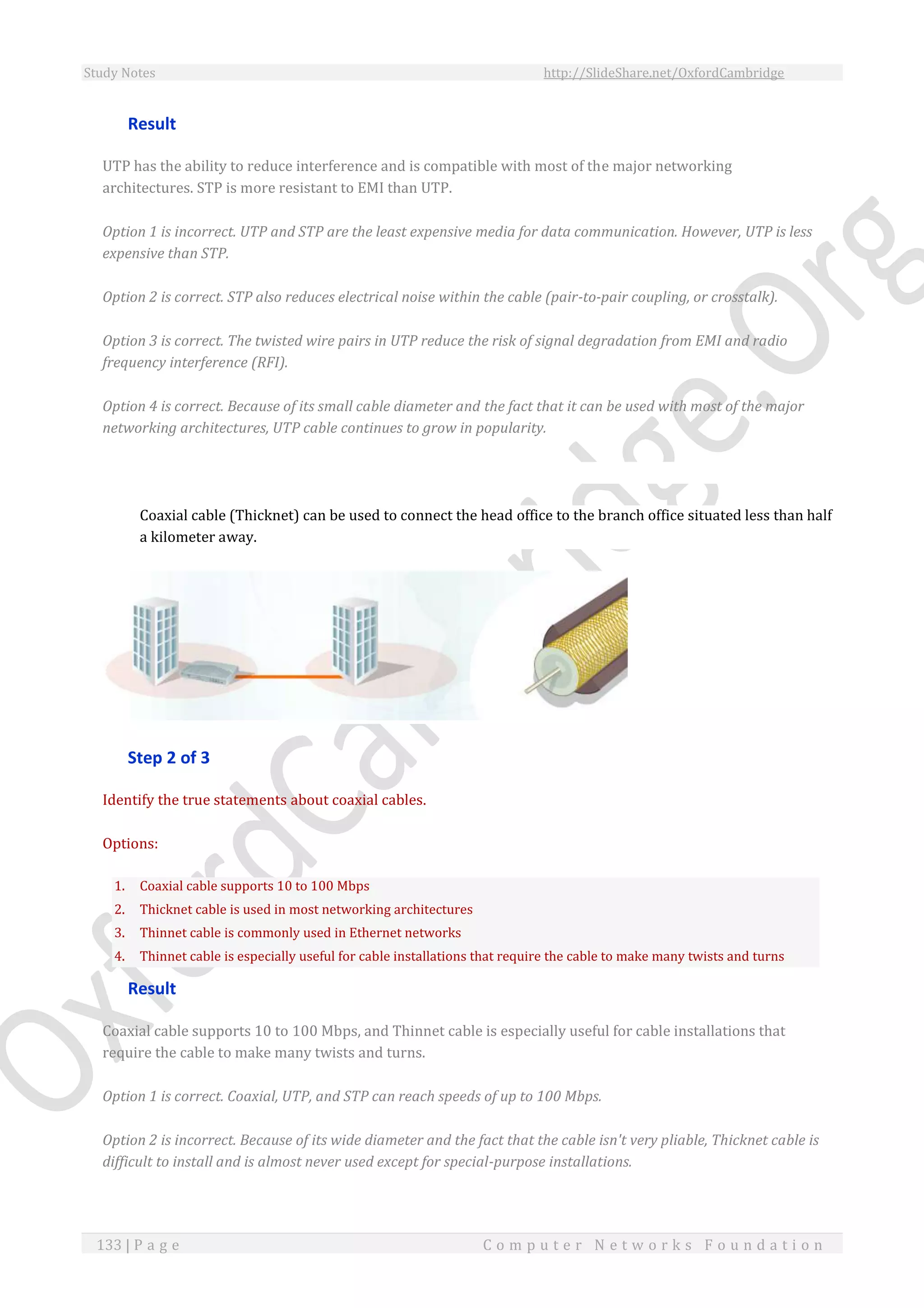 Study Notes http://SlideShare.net/OxfordCambridge
133 | P a g e C o m p u t e r N e t w o r k s F o u n d a t i o n
Result
UTP has the ability to reduce interference and is compatible with most of the major networking
architectures. STP is more resistant to EMI than UTP.
Option 1 is incorrect. UTP and STP are the least expensive media for data communication. However, UTP is less
expensive than STP.
Option 2 is correct. STP also reduces electrical noise within the cable (pair-to-pair coupling, or crosstalk).
Option 3 is correct. The twisted wire pairs in UTP reduce the risk of signal degradation from EMI and radio
frequency interference (RFI).
Option 4 is correct. Because of its small cable diameter and the fact that it can be used with most of the major
networking architectures, UTP cable continues to grow in popularity.
Coaxial cable (Thicknet) can be used to connect the head office to the branch office situated less than half
a kilometer away.
Step 2 of 3
Identify the true statements about coaxial cables.
Options:
1. Coaxial cable supports 10 to 100 Mbps
2. Thicknet cable is used in most networking architectures
3. Thinnet cable is commonly used in Ethernet networks
4. Thinnet cable is especially useful for cable installations that require the cable to make many twists and turns
Result
Coaxial cable supports 10 to 100 Mbps, and Thinnet cable is especially useful for cable installations that
require the cable to make many twists and turns.
Option 1 is correct. Coaxial, UTP, and STP can reach speeds of up to 100 Mbps.
Option 2 is incorrect. Because of its wide diameter and the fact that the cable isn't very pliable, Thicknet cable is
difficult to install and is almost never used except for special-purpose installations.
 