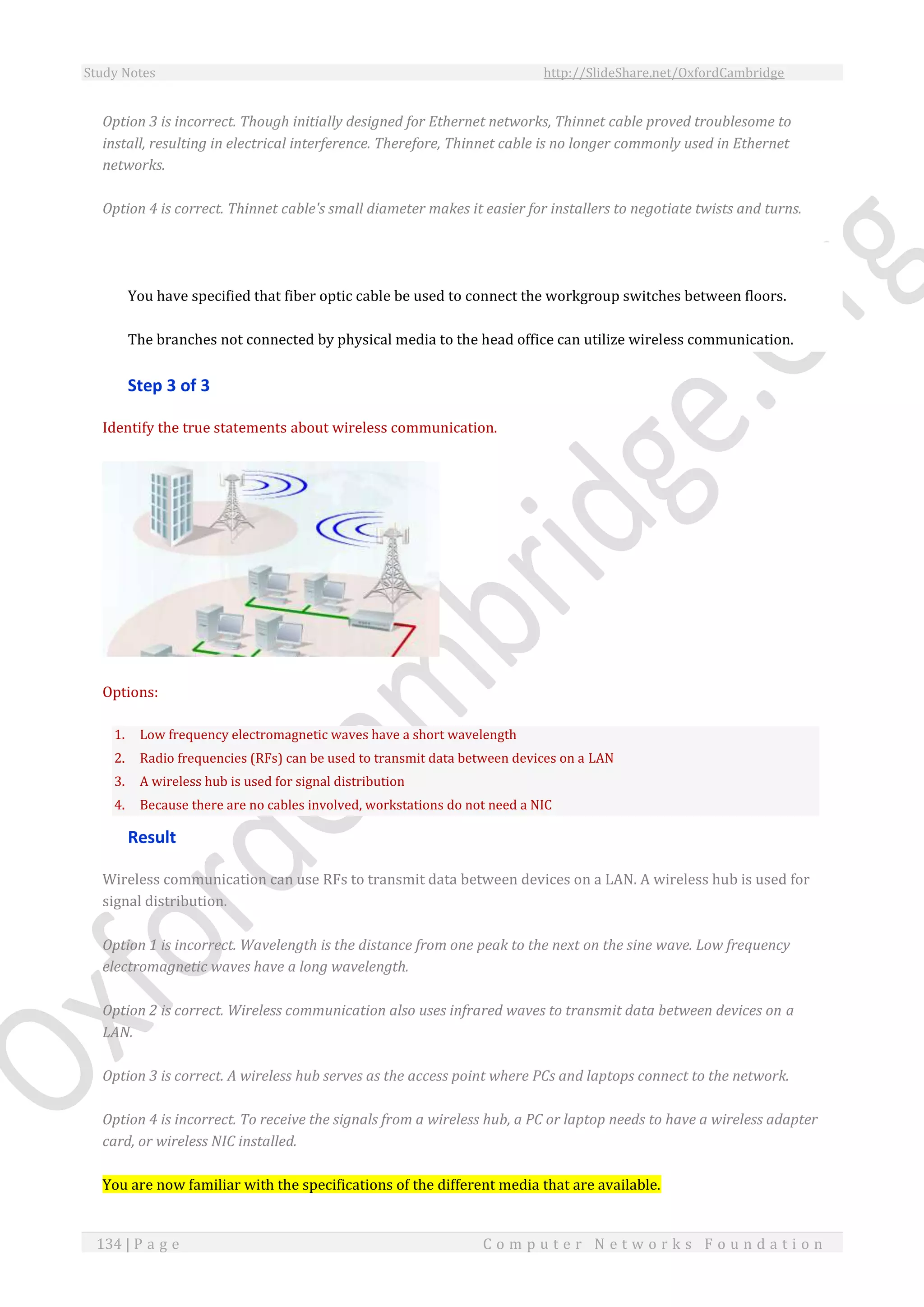 Study Notes http://SlideShare.net/OxfordCambridge
134 | P a g e C o m p u t e r N e t w o r k s F o u n d a t i o n
Option 3 is incorrect. Though initially designed for Ethernet networks, Thinnet cable proved troublesome to
install, resulting in electrical interference. Therefore, Thinnet cable is no longer commonly used in Ethernet
networks.
Option 4 is correct. Thinnet cable's small diameter makes it easier for installers to negotiate twists and turns.
You have specified that fiber optic cable be used to connect the workgroup switches between floors.
The branches not connected by physical media to the head office can utilize wireless communication.
Step 3 of 3
Identify the true statements about wireless communication.
Options:
1. Low frequency electromagnetic waves have a short wavelength
2. Radio frequencies (RFs) can be used to transmit data between devices on a LAN
3. A wireless hub is used for signal distribution
4. Because there are no cables involved, workstations do not need a NIC
Result
Wireless communication can use RFs to transmit data between devices on a LAN. A wireless hub is used for
signal distribution.
Option 1 is incorrect. Wavelength is the distance from one peak to the next on the sine wave. Low frequency
electromagnetic waves have a long wavelength.
Option 2 is correct. Wireless communication also uses infrared waves to transmit data between devices on a
LAN.
Option 3 is correct. A wireless hub serves as the access point where PCs and laptops connect to the network.
Option 4 is incorrect. To receive the signals from a wireless hub, a PC or laptop needs to have a wireless adapter
card, or wireless NIC installed.
You are now familiar with the specifications of the different media that are available.
 