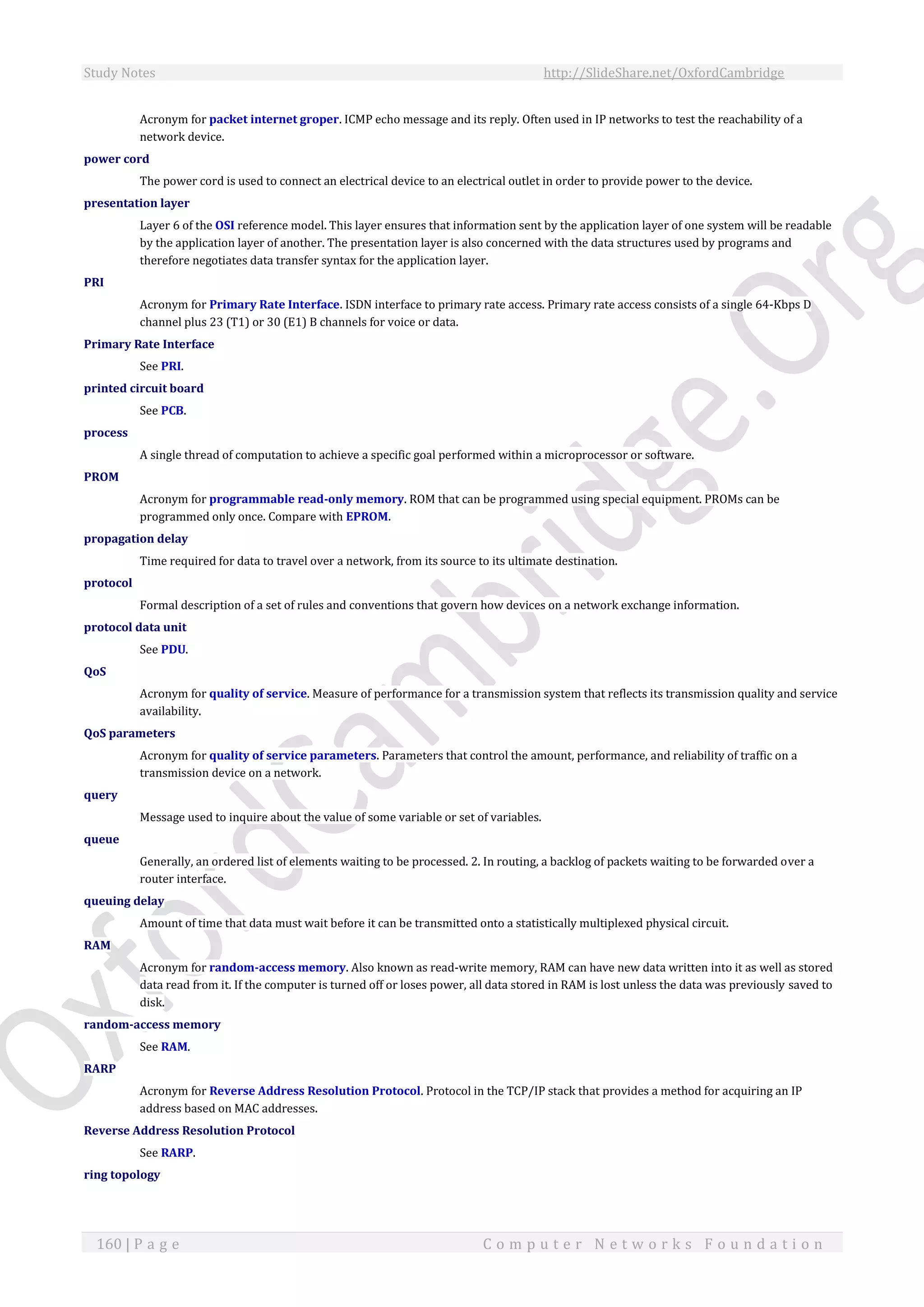 Study Notes http://SlideShare.net/OxfordCambridge
160 | P a g e C o m p u t e r N e t w o r k s F o u n d a t i o n
Acronym for packet internet groper. ICMP echo message and its reply. Often used in IP networks to test the reachability of a
network device.
power cord
The power cord is used to connect an electrical device to an electrical outlet in order to provide power to the device.
presentation layer
Layer 6 of the OSI reference model. This layer ensures that information sent by the application layer of one system will be readable
by the application layer of another. The presentation layer is also concerned with the data structures used by programs and
therefore negotiates data transfer syntax for the application layer.
PRI
Acronym for Primary Rate Interface. ISDN interface to primary rate access. Primary rate access consists of a single 64-Kbps D
channel plus 23 (T1) or 30 (E1) B channels for voice or data.
Primary Rate Interface
See PRI.
printed circuit board
See PCB.
process
A single thread of computation to achieve a specific goal performed within a microprocessor or software.
PROM
Acronym for programmable read-only memory. ROM that can be programmed using special equipment. PROMs can be
programmed only once. Compare with EPROM.
propagation delay
Time required for data to travel over a network, from its source to its ultimate destination.
protocol
Formal description of a set of rules and conventions that govern how devices on a network exchange information.
protocol data unit
See PDU.
QoS
Acronym for quality of service. Measure of performance for a transmission system that reflects its transmission quality and service
availability.
QoS parameters
Acronym for quality of service parameters. Parameters that control the amount, performance, and reliability of traffic on a
transmission device on a network.
query
Message used to inquire about the value of some variable or set of variables.
queue
Generally, an ordered list of elements waiting to be processed. 2. In routing, a backlog of packets waiting to be forwarded over a
router interface.
queuing delay
Amount of time that data must wait before it can be transmitted onto a statistically multiplexed physical circuit.
RAM
Acronym for random-access memory. Also known as read-write memory, RAM can have new data written into it as well as stored
data read from it. If the computer is turned off or loses power, all data stored in RAM is lost unless the data was previously saved to
disk.
random-access memory
See RAM.
RARP
Acronym for Reverse Address Resolution Protocol. Protocol in the TCP/IP stack that provides a method for acquiring an IP
address based on MAC addresses.
Reverse Address Resolution Protocol
See RARP.
ring topology
 