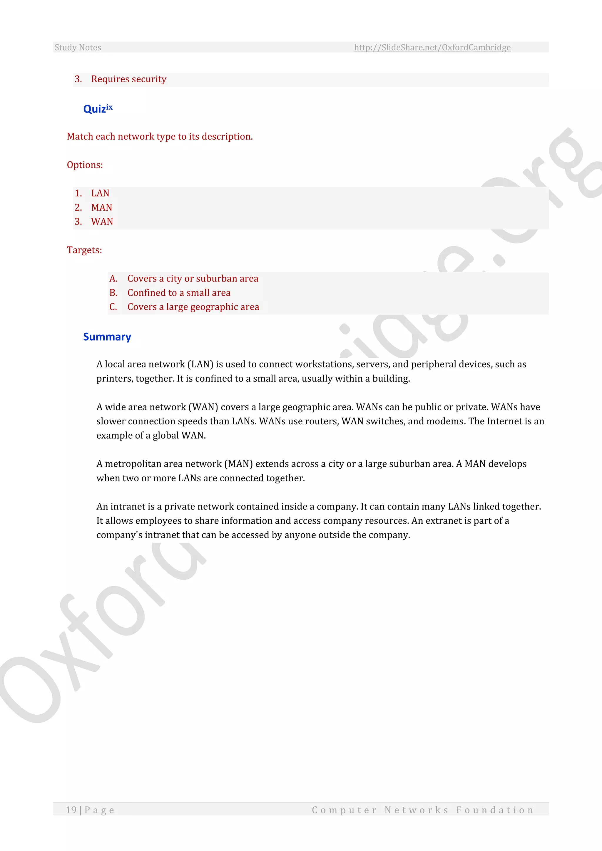 Study Notes http://SlideShare.net/OxfordCambridge
19 | P a g e C o m p u t e r N e t w o r k s F o u n d a t i o n
3. Requires security
Quizix
Match each network type to its description.
Options:
1. LAN
2. MAN
3. WAN
Targets:
A. Covers a city or suburban area
B. Confined to a small area
C. Covers a large geographic area
Summary
A local area network (LAN) is used to connect workstations, servers, and peripheral devices, such as
printers, together. It is confined to a small area, usually within a building.
A wide area network (WAN) covers a large geographic area. WANs can be public or private. WANs have
slower connection speeds than LANs. WANs use routers, WAN switches, and modems. The Internet is an
example of a global WAN.
A metropolitan area network (MAN) extends across a city or a large suburban area. A MAN develops
when two or more LANs are connected together.
An intranet is a private network contained inside a company. It can contain many LANs linked together.
It allows employees to share information and access company resources. An extranet is part of a
company's intranet that can be accessed by anyone outside the company.
 
