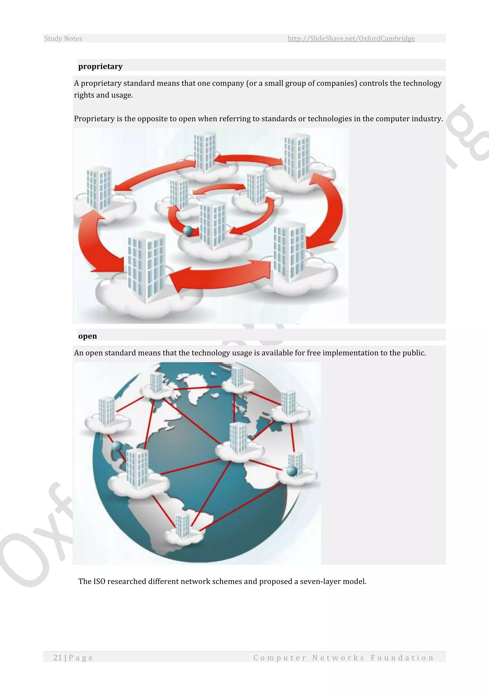 Study Notes http://SlideShare.net/OxfordCambridge
21 | P a g e C o m p u t e r N e t w o r k s F o u n d a t i o n
proprietary
A proprietary standard means that one company (or a small group of companies) controls the technology
rights and usage.
Proprietary is the opposite to open when referring to standards or technologies in the computer industry.
open
An open standard means that the technology usage is available for free implementation to the public.
The ISO researched different network schemes and proposed a seven-layer model.
 