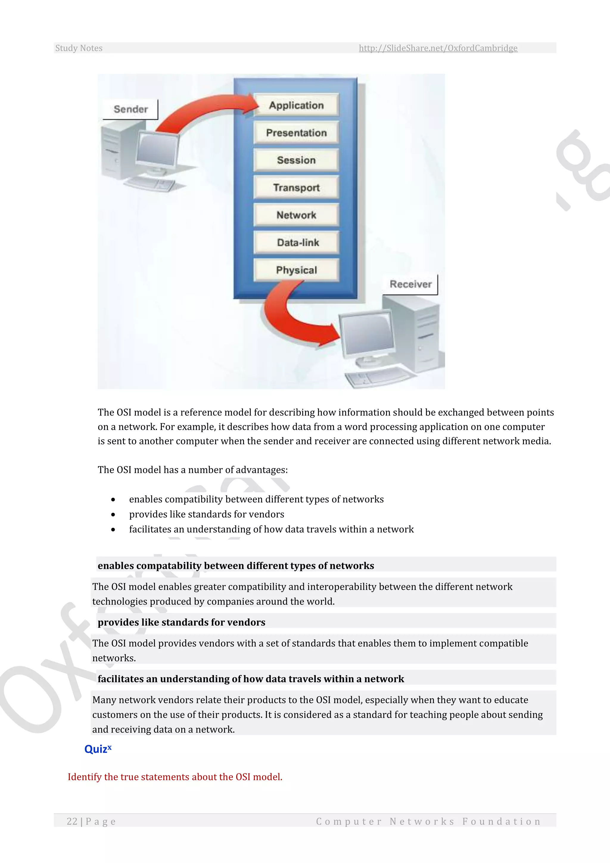 Study Notes http://SlideShare.net/OxfordCambridge
22 | P a g e C o m p u t e r N e t w o r k s F o u n d a t i o n
The OSI model is a reference model for describing how information should be exchanged between points
on a network. For example, it describes how data from a word processing application on one computer
is sent to another computer when the sender and receiver are connected using different network media.
The OSI model has a number of advantages:
 enables compatibility between different types of networks
 provides like standards for vendors
 facilitates an understanding of how data travels within a network
enables compatability between different types of networks
The OSI model enables greater compatibility and interoperability between the different network
technologies produced by companies around the world.
provides like standards for vendors
The OSI model provides vendors with a set of standards that enables them to implement compatible
networks.
facilitates an understanding of how data travels within a network
Many network vendors relate their products to the OSI model, especially when they want to educate
customers on the use of their products. It is considered as a standard for teaching people about sending
and receiving data on a network.
Quizx
Identify the true statements about the OSI model.
 