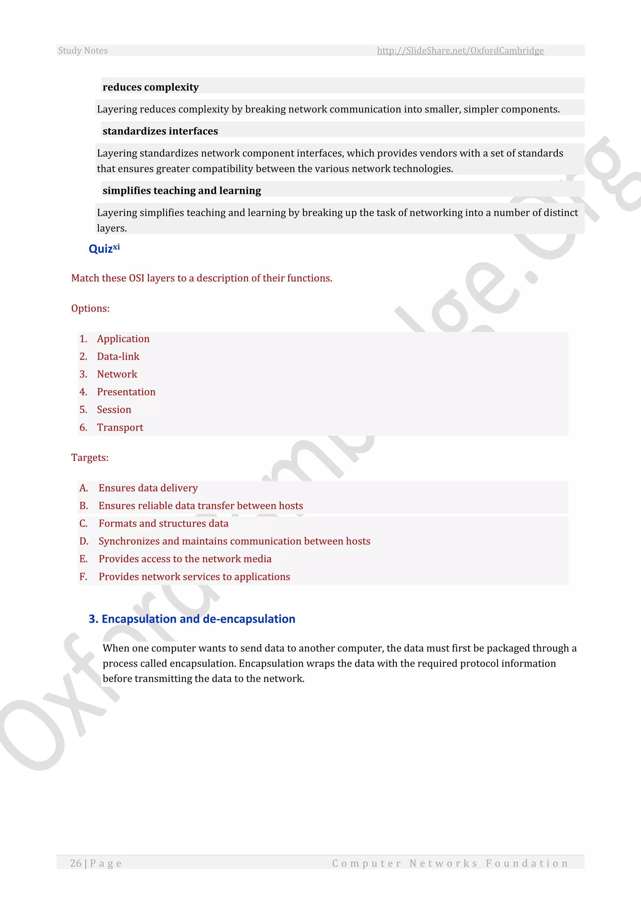 Study Notes http://SlideShare.net/OxfordCambridge
26 | P a g e C o m p u t e r N e t w o r k s F o u n d a t i o n
reduces complexity
Layering reduces complexity by breaking network communication into smaller, simpler components.
standardizes interfaces
Layering standardizes network component interfaces, which provides vendors with a set of standards
that ensures greater compatibility between the various network technologies.
simplifies teaching and learning
Layering simplifies teaching and learning by breaking up the task of networking into a number of distinct
layers.
Quizxi
Match these OSI layers to a description of their functions.
Options:
1. Application
2. Data-link
3. Network
4. Presentation
5. Session
6. Transport
Targets:
A. Ensures data delivery
B. Ensures reliable data transfer between hosts
C. Formats and structures data
D. Synchronizes and maintains communication between hosts
E. Provides access to the network media
F. Provides network services to applications
3. Encapsulation and de-encapsulation
When one computer wants to send data to another computer, the data must first be packaged through a
process called encapsulation. Encapsulation wraps the data with the required protocol information
before transmitting the data to the network.
 