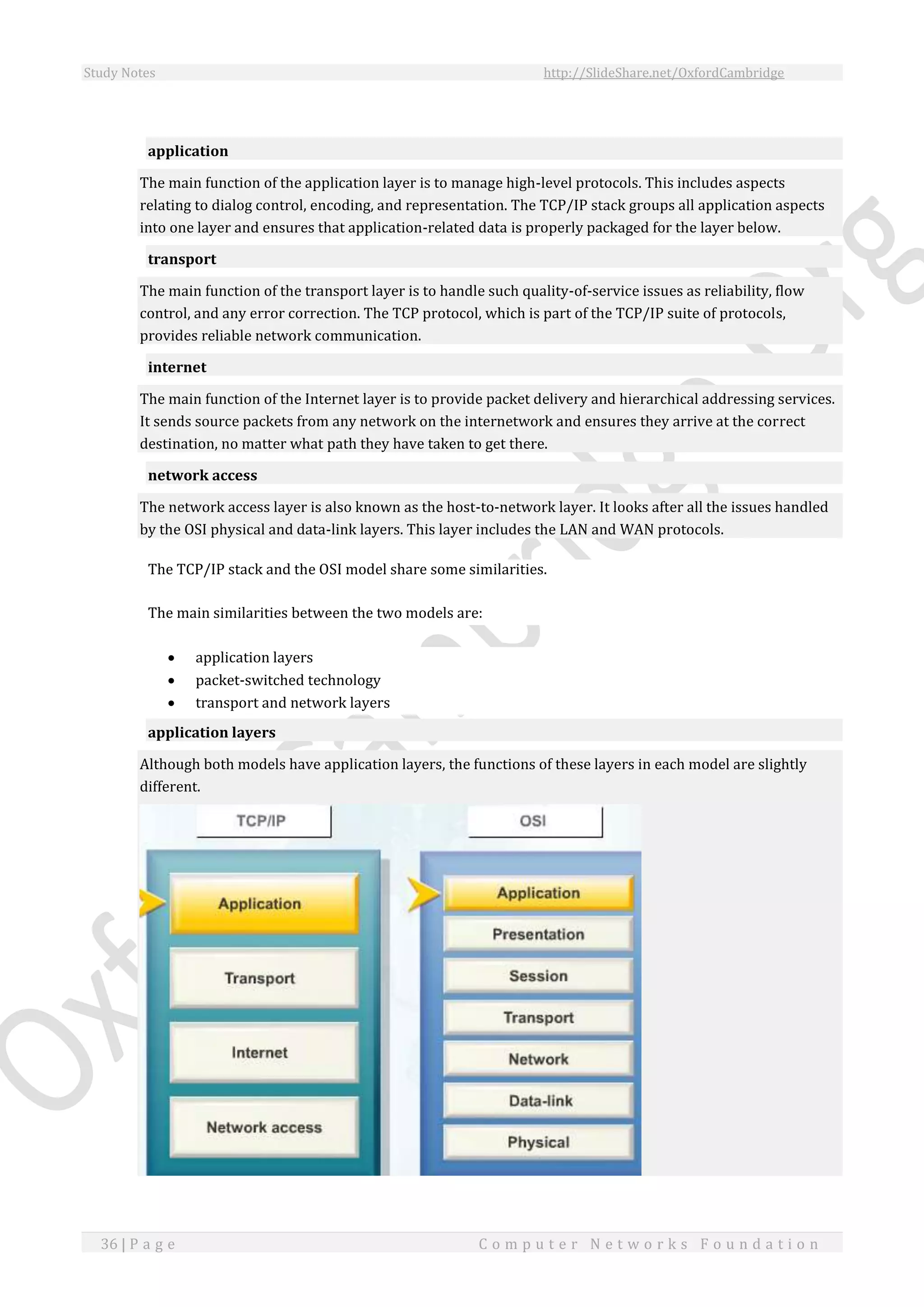 Study Notes http://SlideShare.net/OxfordCambridge
36 | P a g e C o m p u t e r N e t w o r k s F o u n d a t i o n
application
The main function of the application layer is to manage high-level protocols. This includes aspects
relating to dialog control, encoding, and representation. The TCP/IP stack groups all application aspects
into one layer and ensures that application-related data is properly packaged for the layer below.
transport
The main function of the transport layer is to handle such quality-of-service issues as reliability, flow
control, and any error correction. The TCP protocol, which is part of the TCP/IP suite of protocols,
provides reliable network communication.
internet
The main function of the Internet layer is to provide packet delivery and hierarchical addressing services.
It sends source packets from any network on the internetwork and ensures they arrive at the correct
destination, no matter what path they have taken to get there.
network access
The network access layer is also known as the host-to-network layer. It looks after all the issues handled
by the OSI physical and data-link layers. This layer includes the LAN and WAN protocols.
The TCP/IP stack and the OSI model share some similarities.
The main similarities between the two models are:
 application layers
 packet-switched technology
 transport and network layers
application layers
Although both models have application layers, the functions of these layers in each model are slightly
different.
 