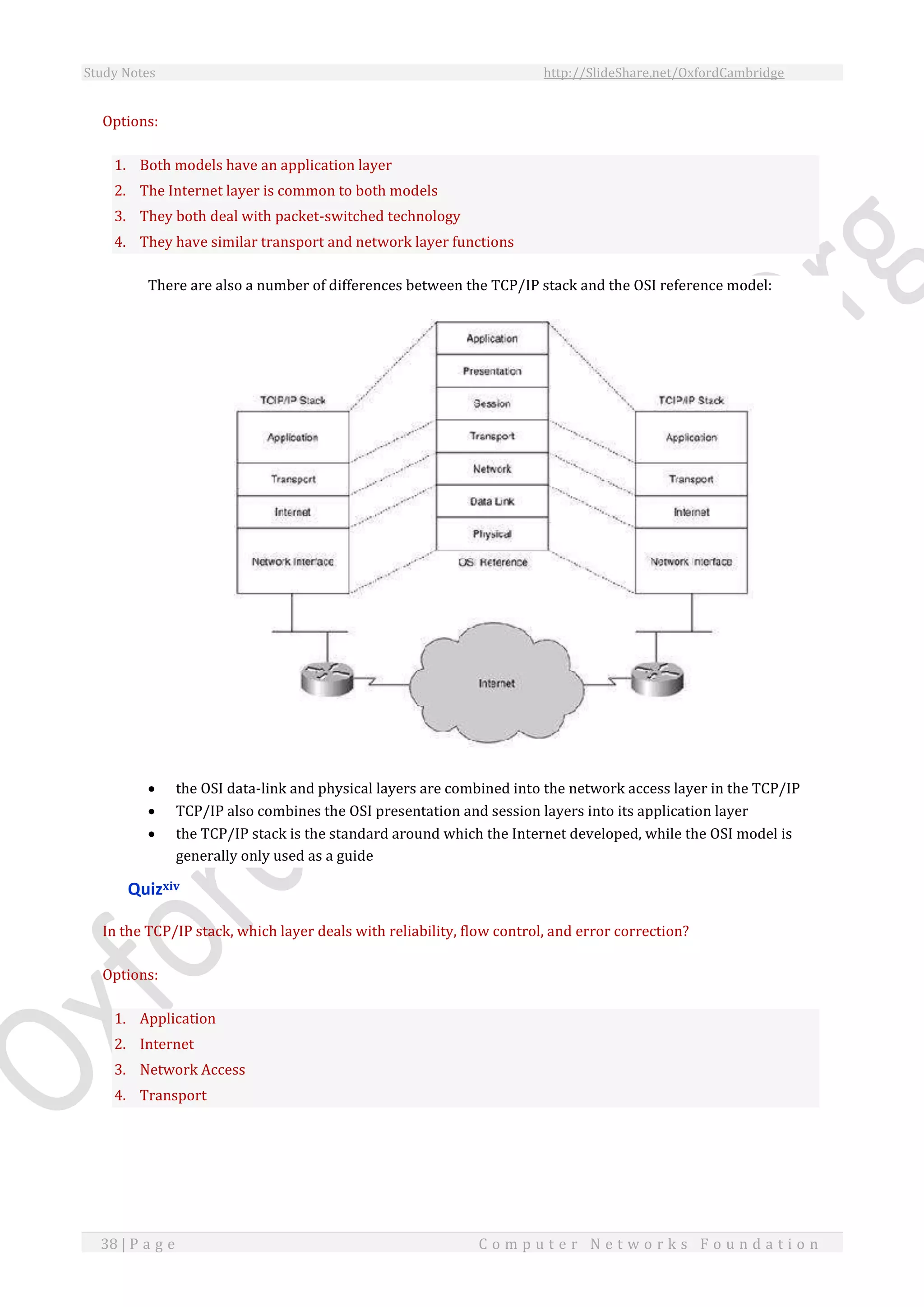 Study Notes http://SlideShare.net/OxfordCambridge
38 | P a g e C o m p u t e r N e t w o r k s F o u n d a t i o n
Options:
1. Both models have an application layer
2. The Internet layer is common to both models
3. They both deal with packet-switched technology
4. They have similar transport and network layer functions
There are also a number of differences between the TCP/IP stack and the OSI reference model:
 the OSI data-link and physical layers are combined into the network access layer in the TCP/IP
 TCP/IP also combines the OSI presentation and session layers into its application layer
 the TCP/IP stack is the standard around which the Internet developed, while the OSI model is
generally only used as a guide
Quizxiv
In the TCP/IP stack, which layer deals with reliability, flow control, and error correction?
Options:
1. Application
2. Internet
3. Network Access
4. Transport
 