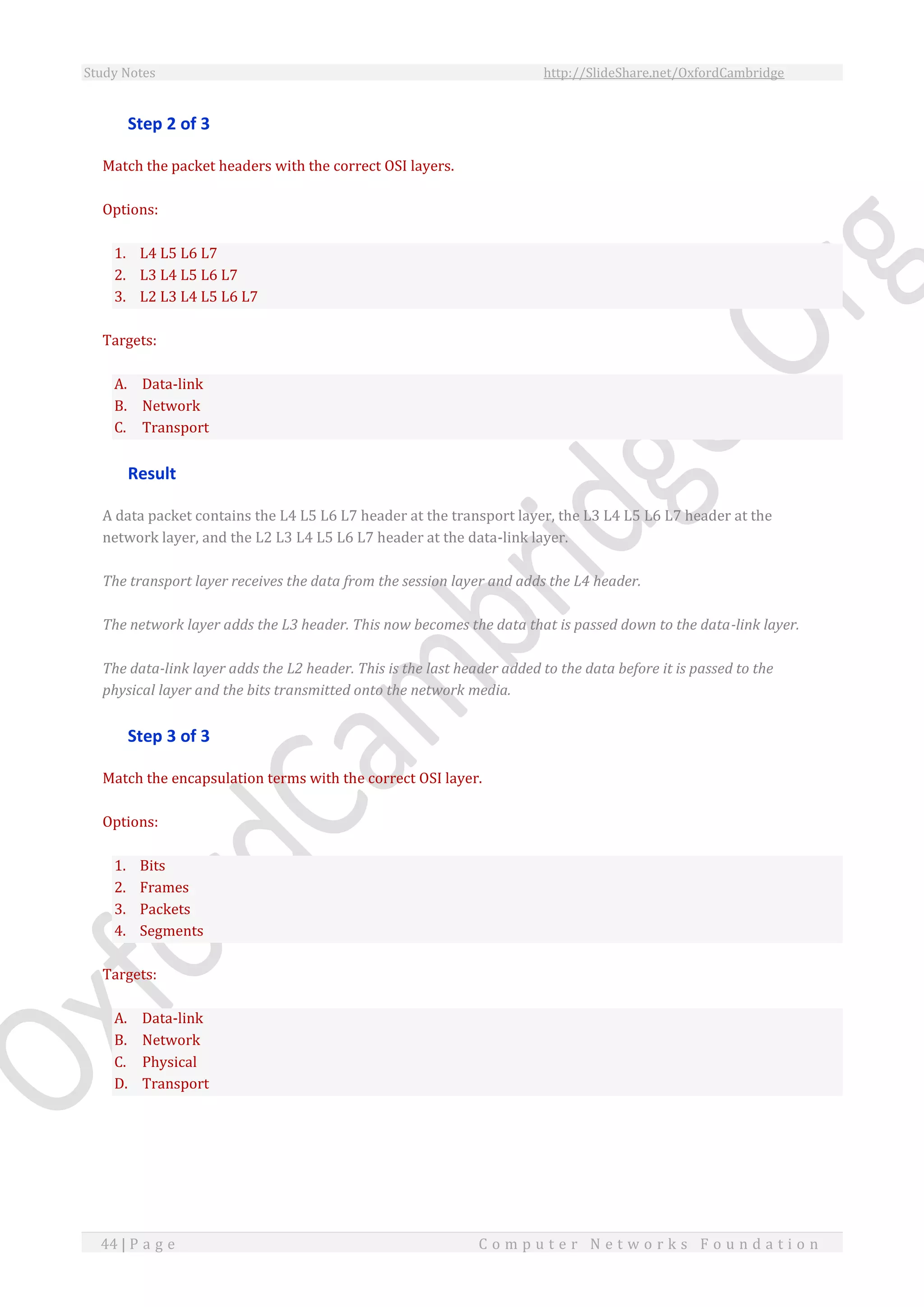 Study Notes http://SlideShare.net/OxfordCambridge
44 | P a g e C o m p u t e r N e t w o r k s F o u n d a t i o n
Step 2 of 3
Match the packet headers with the correct OSI layers.
Options:
1. L4 L5 L6 L7
2. L3 L4 L5 L6 L7
3. L2 L3 L4 L5 L6 L7
Targets:
A. Data-link
B. Network
C. Transport
Result
A data packet contains the L4 L5 L6 L7 header at the transport layer, the L3 L4 L5 L6 L7 header at the
network layer, and the L2 L3 L4 L5 L6 L7 header at the data-link layer.
The transport layer receives the data from the session layer and adds the L4 header.
The network layer adds the L3 header. This now becomes the data that is passed down to the data-link layer.
The data-link layer adds the L2 header. This is the last header added to the data before it is passed to the
physical layer and the bits transmitted onto the network media.
Step 3 of 3
Match the encapsulation terms with the correct OSI layer.
Options:
1. Bits
2. Frames
3. Packets
4. Segments
Targets:
A. Data-link
B. Network
C. Physical
D. Transport
 