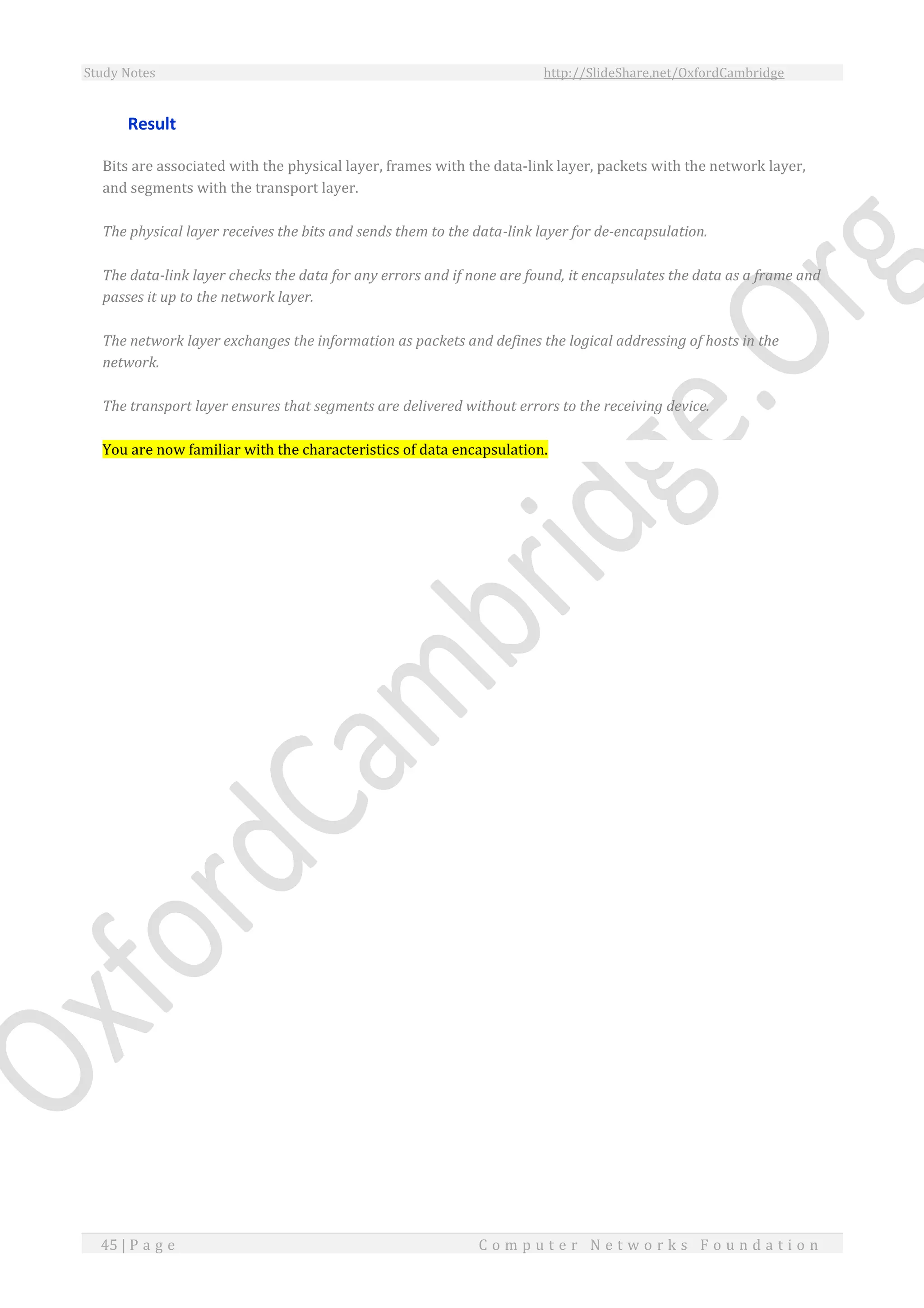 Study Notes http://SlideShare.net/OxfordCambridge
45 | P a g e C o m p u t e r N e t w o r k s F o u n d a t i o n
Result
Bits are associated with the physical layer, frames with the data-link layer, packets with the network layer,
and segments with the transport layer.
The physical layer receives the bits and sends them to the data-link layer for de-encapsulation.
The data-link layer checks the data for any errors and if none are found, it encapsulates the data as a frame and
passes it up to the network layer.
The network layer exchanges the information as packets and defines the logical addressing of hosts in the
network.
The transport layer ensures that segments are delivered without errors to the receiving device.
You are now familiar with the characteristics of data encapsulation.
 