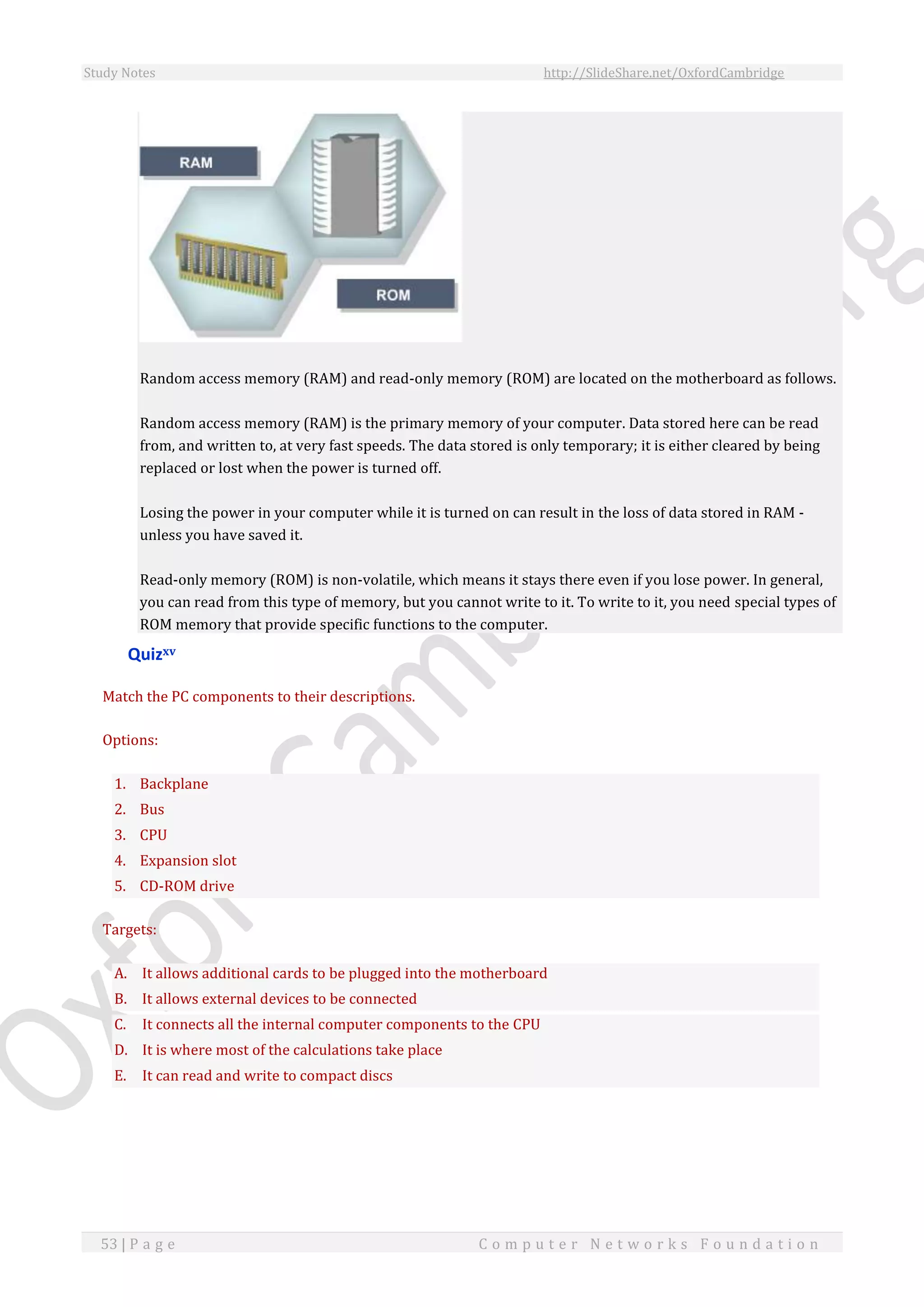 Study Notes http://SlideShare.net/OxfordCambridge
53 | P a g e C o m p u t e r N e t w o r k s F o u n d a t i o n
Random access memory (RAM) and read-only memory (ROM) are located on the motherboard as follows.
Random access memory (RAM) is the primary memory of your computer. Data stored here can be read
from, and written to, at very fast speeds. The data stored is only temporary; it is either cleared by being
replaced or lost when the power is turned off.
Losing the power in your computer while it is turned on can result in the loss of data stored in RAM -
unless you have saved it.
Read-only memory (ROM) is non-volatile, which means it stays there even if you lose power. In general,
you can read from this type of memory, but you cannot write to it. To write to it, you need special types of
ROM memory that provide specific functions to the computer.
Quizxv
Match the PC components to their descriptions.
Options:
1. Backplane
2. Bus
3. CPU
4. Expansion slot
5. CD-ROM drive
Targets:
A. It allows additional cards to be plugged into the motherboard
B. It allows external devices to be connected
C. It connects all the internal computer components to the CPU
D. It is where most of the calculations take place
E. It can read and write to compact discs
 