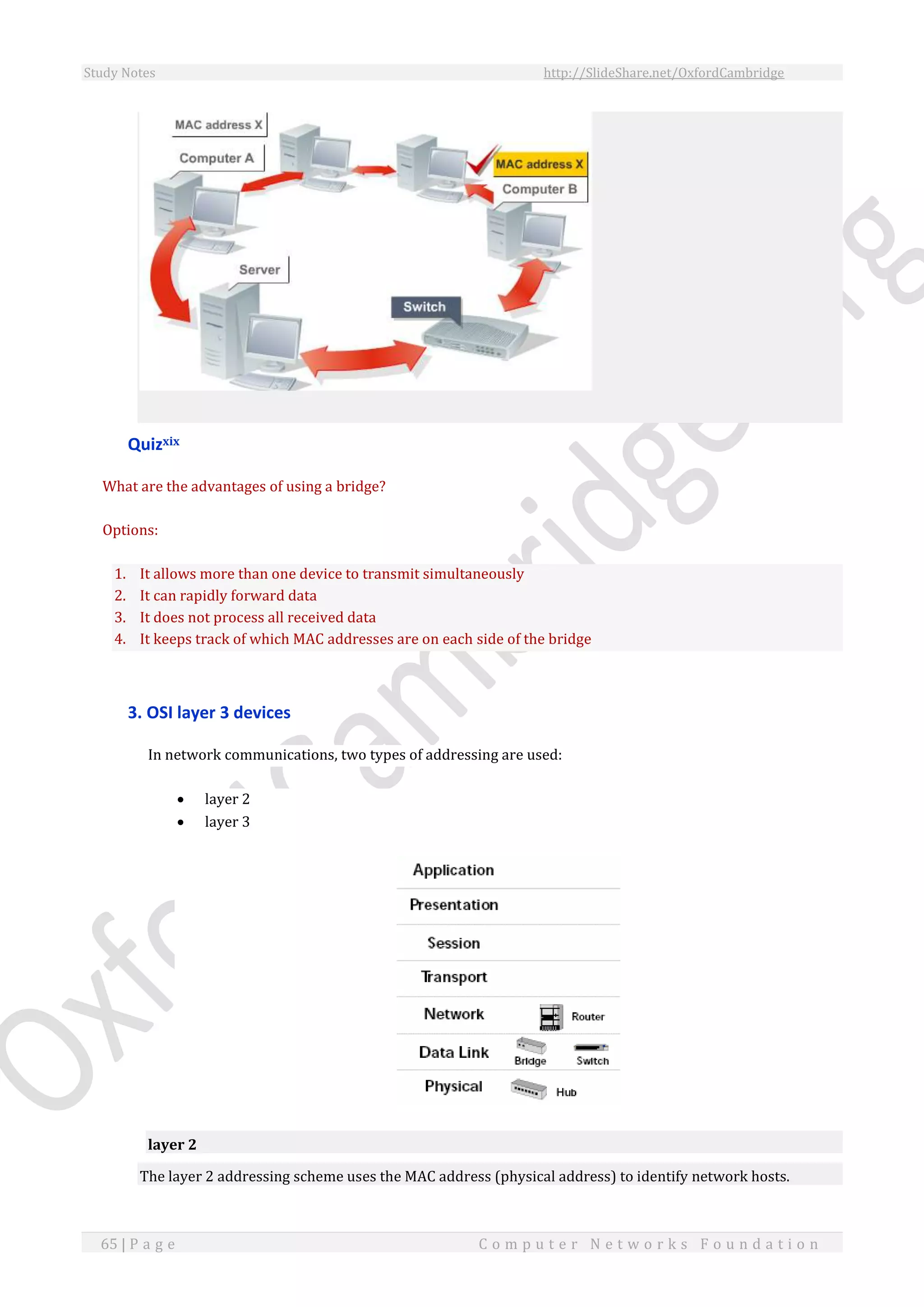 Study Notes http://SlideShare.net/OxfordCambridge
65 | P a g e C o m p u t e r N e t w o r k s F o u n d a t i o n
Quizxix
What are the advantages of using a bridge?
Options:
1. It allows more than one device to transmit simultaneously
2. It can rapidly forward data
3. It does not process all received data
4. It keeps track of which MAC addresses are on each side of the bridge
3. OSI layer 3 devices
In network communications, two types of addressing are used:
 layer 2
 layer 3
layer 2
The layer 2 addressing scheme uses the MAC address (physical address) to identify network hosts.
 