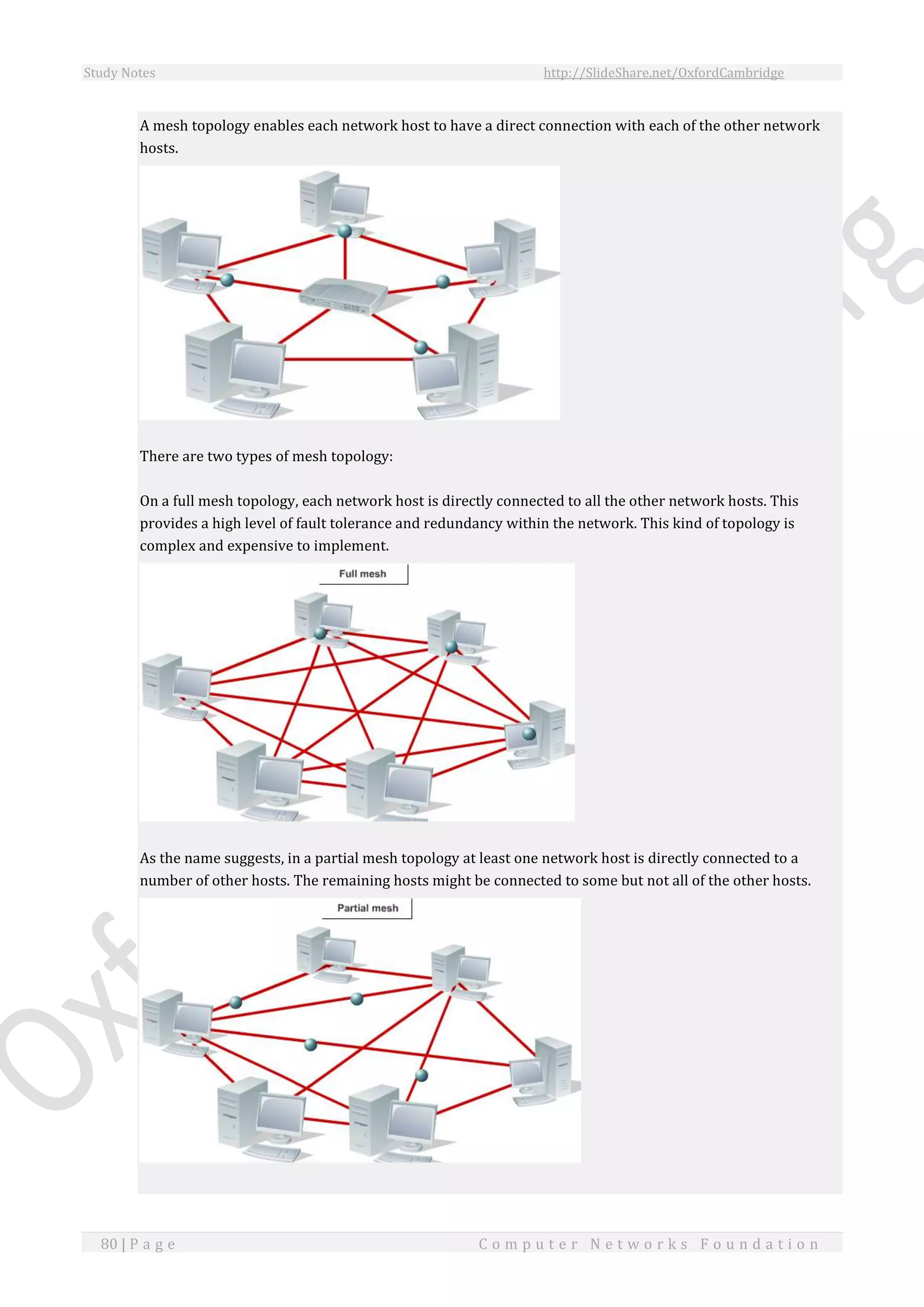 Study Notes http://SlideShare.net/OxfordCambridge
80 | P a g e C o m p u t e r N e t w o r k s F o u n d a t i o n
A mesh topology enables each network host to have a direct connection with each of the other network
hosts.
There are two types of mesh topology:
On a full mesh topology, each network host is directly connected to all the other network hosts. This
provides a high level of fault tolerance and redundancy within the network. This kind of topology is
complex and expensive to implement.
As the name suggests, in a partial mesh topology at least one network host is directly connected to a
number of other hosts. The remaining hosts might be connected to some but not all of the other hosts.
 