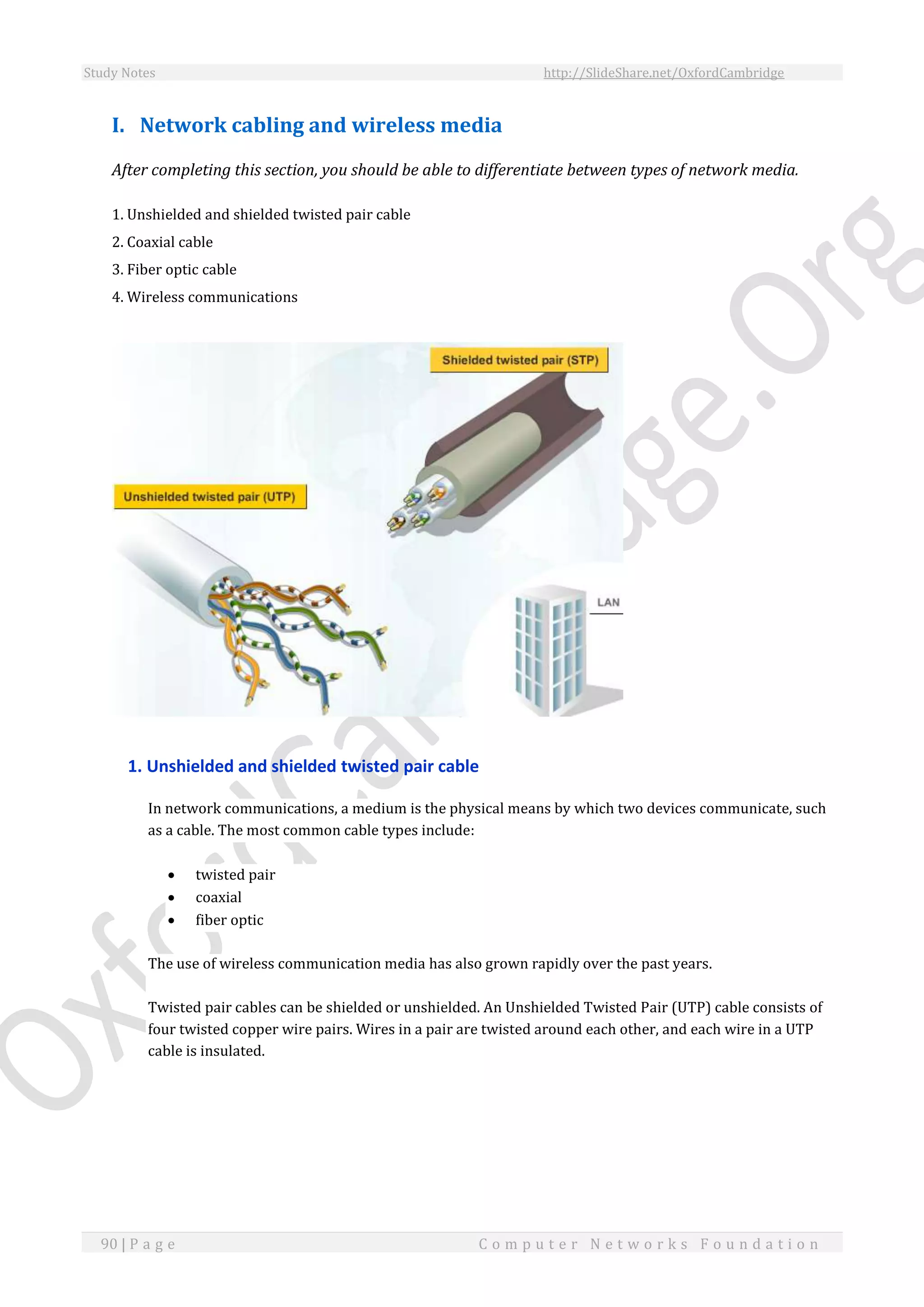 Study Notes http://SlideShare.net/OxfordCambridge
90 | P a g e C o m p u t e r N e t w o r k s F o u n d a t i o n
I. Network cabling and wireless media
After completing this section, you should be able to differentiate between types of network media.
1. Unshielded and shielded twisted pair cable
2. Coaxial cable
3. Fiber optic cable
4. Wireless communications
1. Unshielded and shielded twisted pair cable
In network communications, a medium is the physical means by which two devices communicate, such
as a cable. The most common cable types include:
 twisted pair
 coaxial
 fiber optic
The use of wireless communication media has also grown rapidly over the past years.
Twisted pair cables can be shielded or unshielded. An Unshielded Twisted Pair (UTP) cable consists of
four twisted copper wire pairs. Wires in a pair are twisted around each other, and each wire in a UTP
cable is insulated.
 