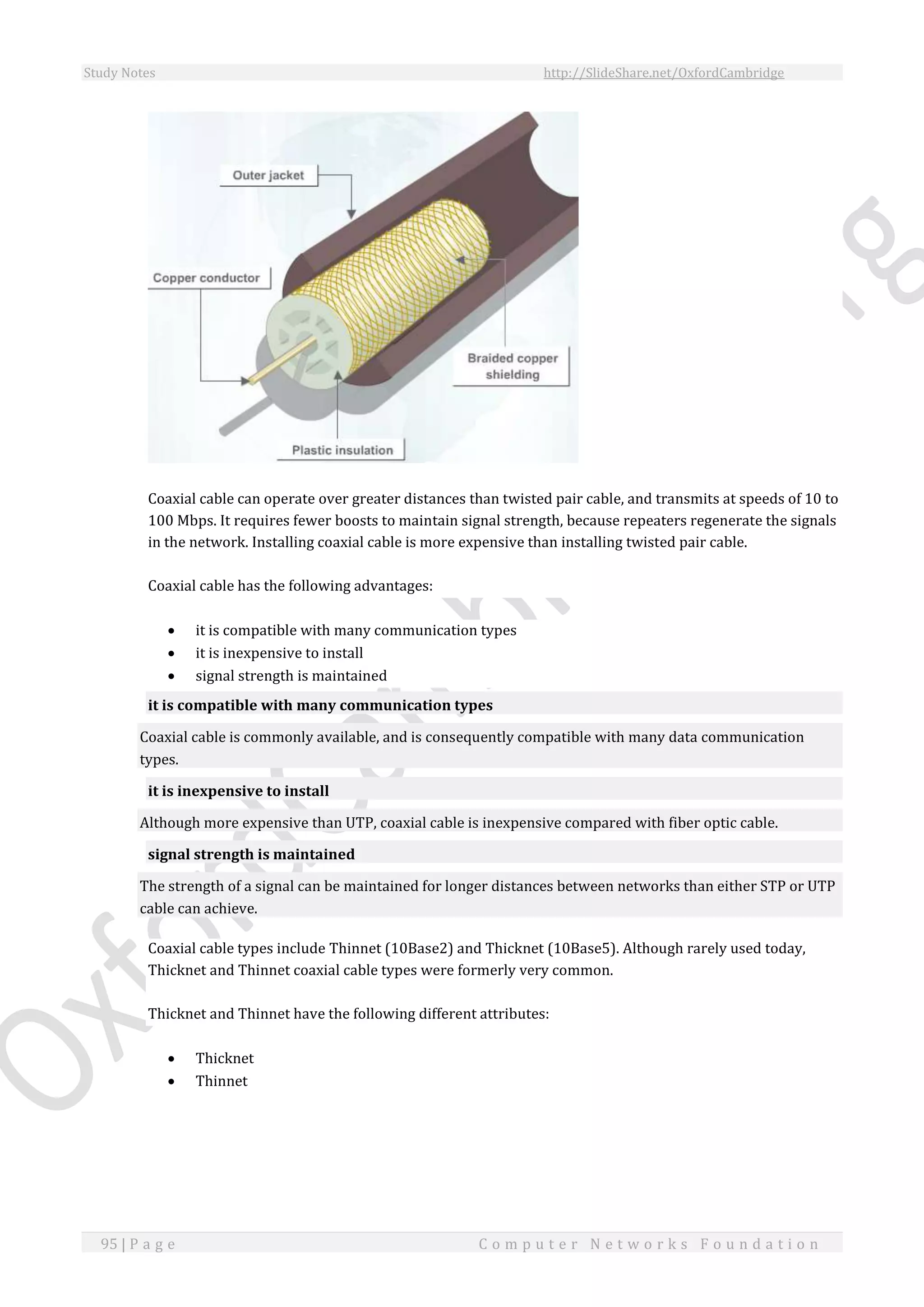 Study Notes http://SlideShare.net/OxfordCambridge
95 | P a g e C o m p u t e r N e t w o r k s F o u n d a t i o n
Coaxial cable can operate over greater distances than twisted pair cable, and transmits at speeds of 10 to
100 Mbps. It requires fewer boosts to maintain signal strength, because repeaters regenerate the signals
in the network. Installing coaxial cable is more expensive than installing twisted pair cable.
Coaxial cable has the following advantages:
 it is compatible with many communication types
 it is inexpensive to install
 signal strength is maintained
it is compatible with many communication types
Coaxial cable is commonly available, and is consequently compatible with many data communication
types.
it is inexpensive to install
Although more expensive than UTP, coaxial cable is inexpensive compared with fiber optic cable.
signal strength is maintained
The strength of a signal can be maintained for longer distances between networks than either STP or UTP
cable can achieve.
Coaxial cable types include Thinnet (10Base2) and Thicknet (10Base5). Although rarely used today,
Thicknet and Thinnet coaxial cable types were formerly very common.
Thicknet and Thinnet have the following different attributes:
 Thicknet
 Thinnet
 