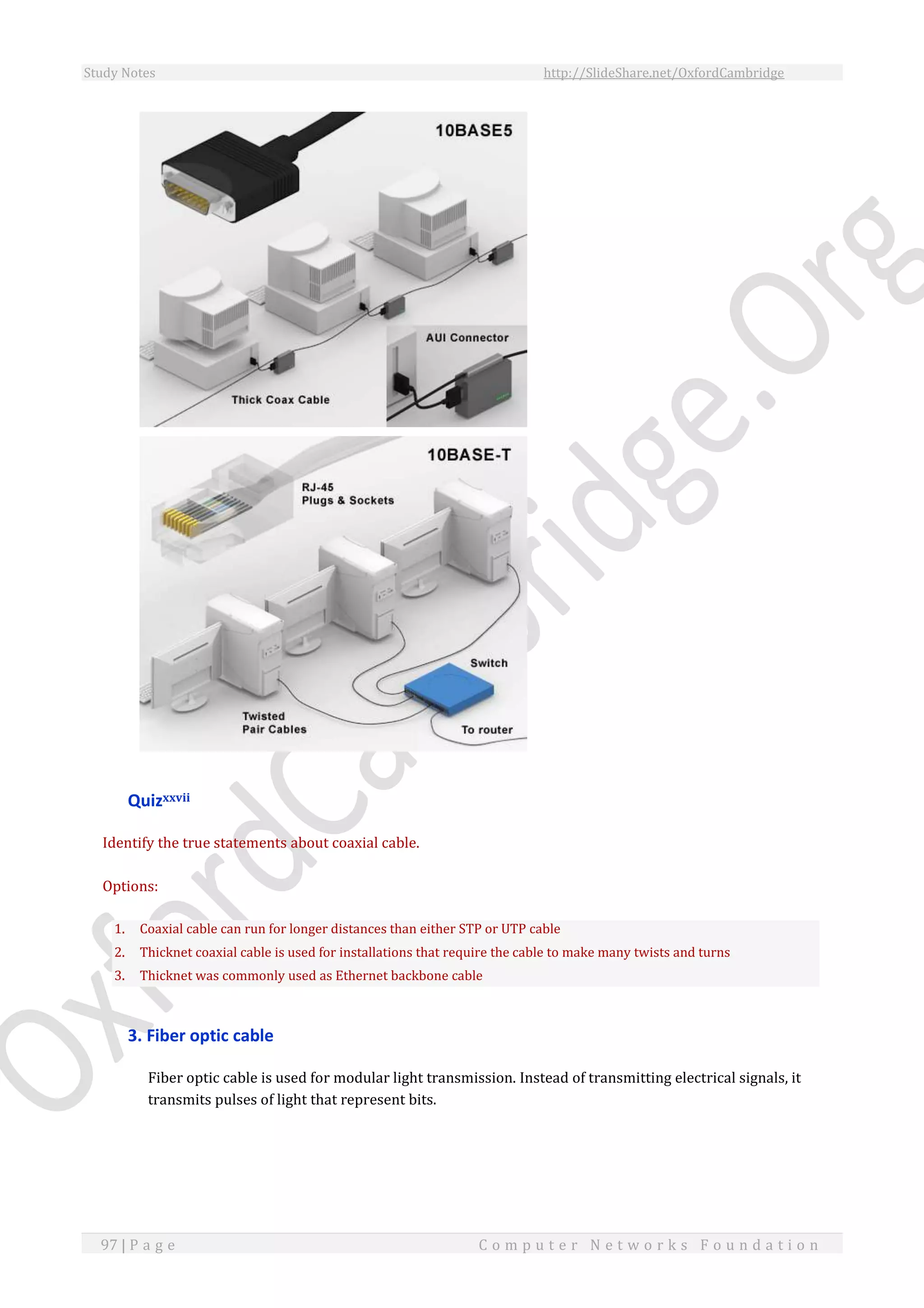 Study Notes http://SlideShare.net/OxfordCambridge
97 | P a g e C o m p u t e r N e t w o r k s F o u n d a t i o n
Quizxxvii
Identify the true statements about coaxial cable.
Options:
1. Coaxial cable can run for longer distances than either STP or UTP cable
2. Thicknet coaxial cable is used for installations that require the cable to make many twists and turns
3. Thicknet was commonly used as Ethernet backbone cable
3. Fiber optic cable
Fiber optic cable is used for modular light transmission. Instead of transmitting electrical signals, it
transmits pulses of light that represent bits.
 