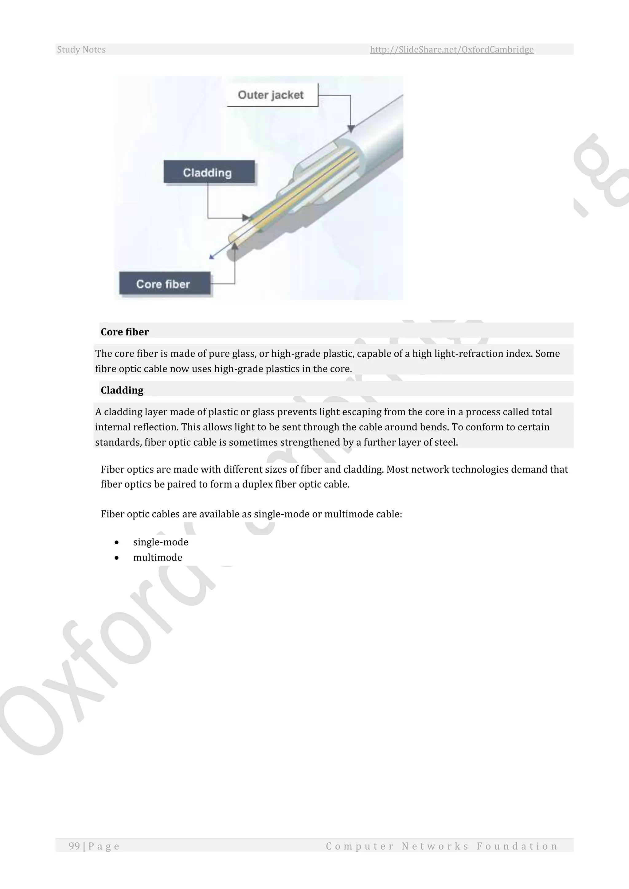 Study Notes http://SlideShare.net/OxfordCambridge
99 | P a g e C o m p u t e r N e t w o r k s F o u n d a t i o n
Core fiber
The core fiber is made of pure glass, or high-grade plastic, capable of a high light-refraction index. Some
fibre optic cable now uses high-grade plastics in the core.
Cladding
A cladding layer made of plastic or glass prevents light escaping from the core in a process called total
internal reflection. This allows light to be sent through the cable around bends. To conform to certain
standards, fiber optic cable is sometimes strengthened by a further layer of steel.
Fiber optics are made with different sizes of fiber and cladding. Most network technologies demand that
fiber optics be paired to form a duplex fiber optic cable.
Fiber optic cables are available as single-mode or multimode cable:
 single-mode
 multimode
 