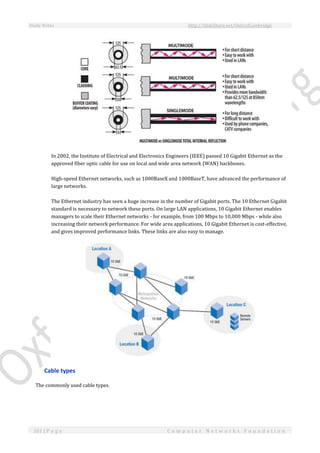 Study Notes http://SlideShare.net/OxfordCambridge
101 | P a g e C o m p u t e r N e t w o r k s F o u n d a t i o n
In 2002, the Institute of Electrical and Electronics Engineers (IEEE) passed 10 Gigabit Ethernet as the
approved fiber optic cable for use on local and wide area network (WAN) backbones.
High-speed Ethernet networks, such as 1000BaseX and 1000BaseT, have advanced the performance of
large networks.
The Ethernet industry has seen a huge increase in the number of Gigabit ports. The 10 Ethernet Gigabit
standard is necessary to network these ports. On large LAN applications, 10 Gigabit Ethernet enables
managers to scale their Ethernet networks - for example, from 100 Mbps to 10,000 Mbps - while also
increasing their network performance. For wide area applications, 10 Gigabit Ethernet is cost-effective,
and gives improved performance links. These links are also easy to manage.
Cable types
The commonly used cable types.
 