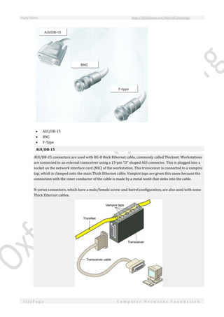 Study Notes http://SlideShare.net/OxfordCambridge
112 | P a g e C o m p u t e r N e t w o r k s F o u n d a t i o n
 AUI/DB-15
 BNC
 F-Type
AUI/DB-15
AUI/DB-15 connectors are used with RG-8 thick Ethernet cable, commonly called Thicknet. Workstations
are connected to an external transceiver using a 15-pin "D" shaped AUI connector. This is plugged into a
socket on the network interface card (NIC) of the workstation. This transceiver is connected to a vampire
tap, which is clamped onto the main Thick Ethernet cable. Vampire taps are given this name because the
connection with the inner conductor of the cable is made by a metal tooth that sinks into the cable.
N-series connectors, which have a male/female screw-and-barrel configuration, are also used with some
Thick Ethernet cables.
 