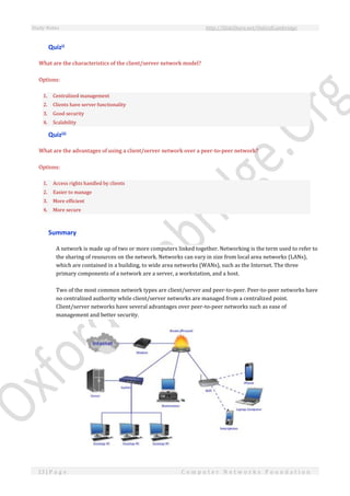 Study Notes http://SlideShare.net/OxfordCambridge
13 | P a g e C o m p u t e r N e t w o r k s F o u n d a t i o n
Quizii
What are the characteristics of the client/server network model?
Options:
1. Centralized management
2. Clients have server functionality
3. Good security
4. Scalability
Quiziii
What are the advantages of using a client/server network over a peer-to-peer network?
Options:
1. Access rights handled by clients
2. Easier to manage
3. More efficient
4. More secure
Summary
A network is made up of two or more computers linked together. Networking is the term used to refer to
the sharing of resources on the network. Networks can vary in size from local area networks (LANs),
which are contained in a building, to wide area networks (WANs), such as the Internet. The three
primary components of a network are a server, a workstation, and a host.
Two of the most common network types are client/server and peer-to-peer. Peer-to-peer networks have
no centralized authority while client/server networks are managed from a centralized point.
Client/server networks have several advantages over peer-to-peer networks such as ease of
management and better security.
 