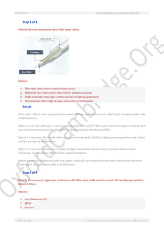 Study Notes http://SlideShare.net/OxfordCambridge
137 | P a g e C o m p u t e r N e t w o r k s F o u n d a t i o n
Step 3 of 4
Identify the true statements about fiber optic cables.
Options:
1. Fiber optic cable is more expensive than coaxial
2. Multimode fiber optic cable is often used for campus backbones
3. Single-mode fiber optic cable is often used for workgroup applications
4. The maximum cable length of single-mode cable is 60 kilometers
Result
Fiber optic cable is more expensive than coaxial cabling, and the maximum cable length of single-mode cable
is 60 kilometers.
Option 1 is correct. Although it is more expensive than UTP and STP, fiber optic cannot be tapped. It can be used
over great distances and is not susceptible to electromagnetic interference (EMI).
Option 2 is incorrect. Multimode cable uses light emitting diodes (LEDs) as light-generating devices and is often
used for workgroup applications.
Option 3 is incorrect. Because it is capable of higher bandwidth and can support greater distances than
multimode, single-mode is often used for campus backbones.
Option 4 is correct. Multimode cable can support cables for up to two kilometers only, whereas the maximum
cable length of single-mode cable is 60 kilometers.
Step 4 of 4
Identify the connector types you could use on the fiber optic cable used to connect the workgroup switches
between floors.
Options:
1. Local Connector (LC)
2. MT-RJ
3. N-series
 