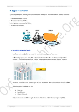 Study Notes http://SlideShare.net/OxfordCambridge
14 | P a g e C o m p u t e r N e t w o r k s F o u n d a t i o n
B. Types of networks
After completing this section, you should be able to distinguish between the main types of networks.
1. Local area networks (LANs)
2. Wide area networks (WANs)
3. Metropolitan area networks (MANs)
4. Intranets and extranets
1. Local area networks (LANs)
Local area networks (LANs) are one of the most widely used types of networks.
LANs are high-speed, low-error, data networks that are confined to a small area, usually within a
building. LANs connect workstations, servers, and peripheral devices, such as printers, together.
Ethernet LANs are the most common type of LANs. This term is often used to refer to all types of LANs.
Different types of Ethernet LAN are
 Ethernet
 Fast Ethernet
 Gigabit Ethernet
Network standards are defined by the Institute of Electrical and Electronics Engineers (IEEE).
 