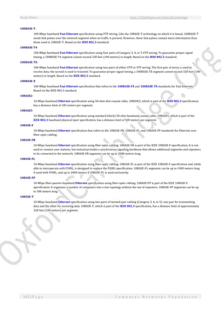 Study Notes http://SlideShare.net/OxfordCambridge
165 | P a g e C o m p u t e r N e t w o r k s F o u n d a t i o n
100BASE-T
100-Mbps baseband Fast Ethernet specification using UTP wiring. Like the 10BASE-T technology on which it is based, 100BASE-T
sends link pulses over the network segment when no traffic is present. However, these link pulses contain more information than
those used in 10BASE-T. Based on the IEEE 802.3 standard.
100BASE-T4
100-Mbps baseband Fast Ethernet specification using four pairs of Category 3, 4, or 5 UTP wiring. To guarantee proper signal
timing, a 100BASE-T4 segment cannot exceed 328 feet (100 meters) in length. Based on the IEEE 802.3 standard.
100BASE-TX
100-Mbps baseband Fast Ethernet specification using two pairs of either UTP or STP wiring. The first pair of wires is used to
receive data; the second is used to transmit. To guarantee proper signal timing, a 100BASE-TX segment cannot exceed 328 feet (100
meters) in length. Based on the IEEE 802.3 standard.
100BASE-X
100-Mbps baseband Fast Ethernet specification that refers to the 100BASE-FX and 100BASE-TX standards for Fast Ethernet.
Based on the IEEE 802.3 standard.
10BASE2
10-Mbps baseband Ethernet specification using 50-ohm thin coaxial cable. 10BASE2, which is part of the IEEE 802.3 specification,
has a distance limit of 185 meters per segment.
10BASE5
10-Mbps baseband Ethernet specification using standard (thick) 50-ohm baseband coaxial cable. 10BASE5, which is part of the
IEEE 802.3 baseband physical layer specification, has a distance limit of 500 meters per segment.
10BASE-F
10-Mbps baseband Ethernet specification that refers to the 10BASE-FB, 10BASE-FL, and 10BASE-FP standards for Ethernet over
fiber-optic cabling.
10BASE-FB
10-Mbps baseband Ethernet specification using fiber-optic cabling. 10BASE-FB is part of the IEEE 10BASE-F specification. It is not
used to connect user stations, but instead provides a synchronous signaling backbone that allows additional segments and repeaters
to be connected to the network. 10BASE-FB segments can be up to 2000 meters long.
10BASE-FL
10-Mbps baseband Ethernet specification using fiber-optic cabling. 10BASE-FL is part of the IEEE 10BASE-F specification and, while
able to interoperate with FOIRL, is designed to replace the FOIRL specification. 10BASE-FL segments can be up to 1000 meters long
if used with FOIRL, and up to 2000 meters if 10BASE-FL is used exclusively.
10BASE-FP
10-Mbps fiber-passive baseband Ethernet specification using fiber-optic cabling. 10BASE-FP is part of the IEEE 10BASE-F
specification. It organizes a number of computers into a star topology without the use of repeaters. 10BASE-FP segments can be up
to 500 meters long.
10BASE-T
10-Mbps baseband Ethernet specification using two pairs of twisted-pair cabling (Category 3, 4, or 5): one pair for transmitting
data and the other for receiving data. 10BASE-T, which is part of the IEEE 802.3 specification, has a distance limit of approximately
328 feet (100 meters) per segment.
 