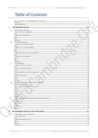 Study Notes http://SlideShare.net/OxfordCambridge
2 | P a g e C o m p u t e r N e t w o r k s F o u n d a t i o n
Table of Contents
About “+W Series - Technology Skills For Women”..............................................................................................................................................5
References.................................................................................................................................................................................................................................6
Course Objectives..................................................................................................................................................................................................................7
I. NETWORKING BASICS:...........................................................................................................................................................8
A. NETWORKING OVERVIEW..............................................................................................................................................................................9
1. Core network components...........................................................................................................................................................................................9
Quiz............................................................................................................................................................................................................................................ 11
2. Network architectures................................................................................................................................................................................................ 11
Quiz............................................................................................................................................................................................................................................ 13
Quiz............................................................................................................................................................................................................................................ 13
Summary................................................................................................................................................................................................................................. 13
B. TYPES OF NETWORKS..................................................................................................................................................................................14
1. Local area networks (LANs)..................................................................................................................................................................................... 14
Quiz............................................................................................................................................................................................................................................ 15
2. Wide area networks (WANs)................................................................................................................................................................................... 15
Quiz............................................................................................................................................................................................................................................ 16
Quiz............................................................................................................................................................................................................................................ 17
3. Metropolitan area networks (MANs)................................................................................................................................................................... 17
Quiz............................................................................................................................................................................................................................................ 17
4. Intranets and extranets .............................................................................................................................................................................................. 18
Quiz............................................................................................................................................................................................................................................ 18
Quiz............................................................................................................................................................................................................................................ 19
Summary................................................................................................................................................................................................................................. 19
C. THE OSI MODEL ..........................................................................................................................................................................................20
1. The OSI reference model............................................................................................................................................................................................ 20
Quiz............................................................................................................................................................................................................................................ 22
2. Layers of the OSI model.............................................................................................................................................................................................. 23
Quiz............................................................................................................................................................................................................................................ 26
3. Encapsulation and de-encapsulation................................................................................................................................................................... 26
Quiz............................................................................................................................................................................................................................................ 30
4. The TCP/IP stack........................................................................................................................................................................................................... 34
Quiz............................................................................................................................................................................................................................................ 37
Quiz............................................................................................................................................................................................................................................ 38
Summary................................................................................................................................................................................................................................. 39
D. UNDERSTANDING BASIC NETWORKING CONCEPTS.................................................................................................................................40
Exercise overview.............................................................................................................................................................................................................. 40
Task 1: Identifying networks........................................................................................................................................................................................ 40
Step 1 of 3............................................................................................................................................................................................................................... 41
Result........................................................................................................................................................................................................................................ 41
Step 2 of 3............................................................................................................................................................................................................................... 41
Result........................................................................................................................................................................................................................................ 41
Step 3 of 3............................................................................................................................................................................................................................... 42
Result........................................................................................................................................................................................................................................ 42
Task 2: Identifying characteristics of data encapsulation .............................................................................................................................. 42
Step 1 of 3............................................................................................................................................................................................................................... 43
Result........................................................................................................................................................................................................................................ 43
Step 2 of 3............................................................................................................................................................................................................................... 44
Result........................................................................................................................................................................................................................................ 44
Step 3 of 3............................................................................................................................................................................................................................... 44
Result........................................................................................................................................................................................................................................ 45
II. NETWORKING DEVICES AND TOPOLOGIES:.................................................................................................................46
E. COMPONENTS OF A NETWORK PC............................................................................................................................................................47
1. PC components............................................................................................................................................................................................................... 47
Quiz............................................................................................................................................................................................................................................ 53
2. Network interface cards............................................................................................................................................................................................. 54
Quiz............................................................................................................................................................................................................................................ 57
Quiz............................................................................................................................................................................................................................................ 57
Summary................................................................................................................................................................................................................................. 58
 
