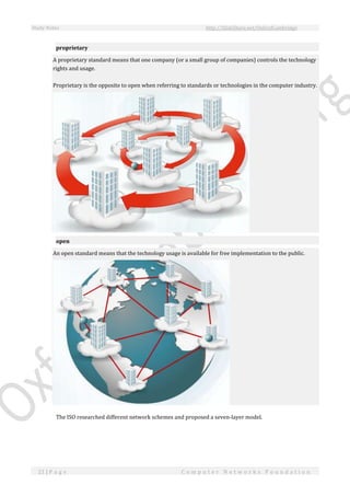 Study Notes http://SlideShare.net/OxfordCambridge
21 | P a g e C o m p u t e r N e t w o r k s F o u n d a t i o n
proprietary
A proprietary standard means that one company (or a small group of companies) controls the technology
rights and usage.
Proprietary is the opposite to open when referring to standards or technologies in the computer industry.
open
An open standard means that the technology usage is available for free implementation to the public.
The ISO researched different network schemes and proposed a seven-layer model.
 