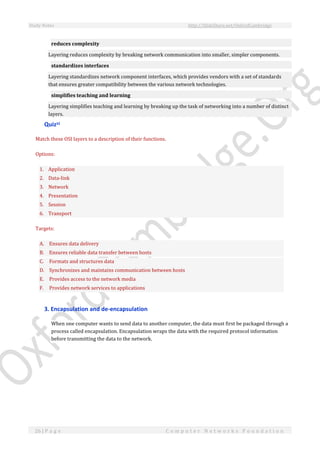 Study Notes http://SlideShare.net/OxfordCambridge
26 | P a g e C o m p u t e r N e t w o r k s F o u n d a t i o n
reduces complexity
Layering reduces complexity by breaking network communication into smaller, simpler components.
standardizes interfaces
Layering standardizes network component interfaces, which provides vendors with a set of standards
that ensures greater compatibility between the various network technologies.
simplifies teaching and learning
Layering simplifies teaching and learning by breaking up the task of networking into a number of distinct
layers.
Quizxi
Match these OSI layers to a description of their functions.
Options:
1. Application
2. Data-link
3. Network
4. Presentation
5. Session
6. Transport
Targets:
A. Ensures data delivery
B. Ensures reliable data transfer between hosts
C. Formats and structures data
D. Synchronizes and maintains communication between hosts
E. Provides access to the network media
F. Provides network services to applications
3. Encapsulation and de-encapsulation
When one computer wants to send data to another computer, the data must first be packaged through a
process called encapsulation. Encapsulation wraps the data with the required protocol information
before transmitting the data to the network.
 