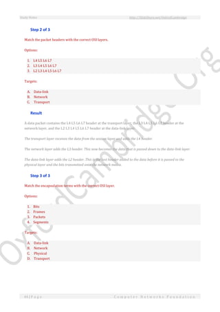 Study Notes http://SlideShare.net/OxfordCambridge
44 | P a g e C o m p u t e r N e t w o r k s F o u n d a t i o n
Step 2 of 3
Match the packet headers with the correct OSI layers.
Options:
1. L4 L5 L6 L7
2. L3 L4 L5 L6 L7
3. L2 L3 L4 L5 L6 L7
Targets:
A. Data-link
B. Network
C. Transport
Result
A data packet contains the L4 L5 L6 L7 header at the transport layer, the L3 L4 L5 L6 L7 header at the
network layer, and the L2 L3 L4 L5 L6 L7 header at the data-link layer.
The transport layer receives the data from the session layer and adds the L4 header.
The network layer adds the L3 header. This now becomes the data that is passed down to the data-link layer.
The data-link layer adds the L2 header. This is the last header added to the data before it is passed to the
physical layer and the bits transmitted onto the network media.
Step 3 of 3
Match the encapsulation terms with the correct OSI layer.
Options:
1. Bits
2. Frames
3. Packets
4. Segments
Targets:
A. Data-link
B. Network
C. Physical
D. Transport
 