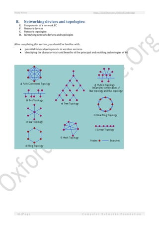 Study Notes http://SlideShare.net/OxfordCambridge
46 | P a g e C o m p u t e r N e t w o r k s F o u n d a t i o n
II. Networking devices and topologies:
E. Components of a network PC
F. Network devices
G. Network topologies
H. Identifying network devices and topologies
After completing this section, you should be familiar with:
 potential future developments in wireless services.
 identifying the characteristics and benefits of the principal and enabling technologies of 4G.
 