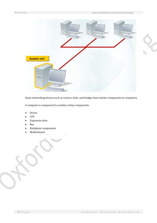 Study Notes http://SlideShare.net/OxfordCambridge
48 | P a g e C o m p u t e r N e t w o r k s F o u n d a t i o n
Some networking devices such as routers, hubs, and bridges have similar components to computers.
A computer is composed of a number of key components.
 Drives
 CPU
 Expansion slots
 Bus
 Backplane components
 Motherboard
 