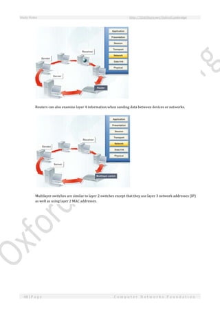 Study Notes http://SlideShare.net/OxfordCambridge
68 | P a g e C o m p u t e r N e t w o r k s F o u n d a t i o n
Routers can also examine layer 4 information when sending data between devices or networks.
Multilayer switches are similar to layer 2 switches except that they use layer 3 network addresses (IP)
as well as using layer 2 MAC addresses.
 