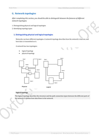 Study Notes http://SlideShare.net/OxfordCambridge
74 | P a g e C o m p u t e r N e t w o r k s F o u n d a t i o n
G. Network topologies
After completing this section, you should be able to distinguish between the features of different
network topologies.
1. Distinguishing physical and logical topologies
2. Identifying topology types
1. Distinguishing physical and logical topologies
Networks can have different topologies. A network topology describes how the network is laid out, and
how data is transmitted on it.
A network has two topologies:
 logical topology
 physical topology
logical topology
The logical topology describes the structure and the path connection types between the different parts of
the network. It defines how data flows in the network.
 