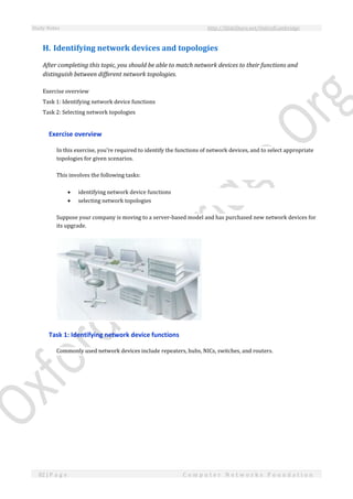 Study Notes http://SlideShare.net/OxfordCambridge
82 | P a g e C o m p u t e r N e t w o r k s F o u n d a t i o n
H. Identifying network devices and topologies
After completing this topic, you should be able to match network devices to their functions and
distinguish between different network topologies.
Exercise overview
Task 1: Identifying network device functions
Task 2: Selecting network topologies
Exercise overview
In this exercise, you're required to identify the functions of network devices, and to select appropriate
topologies for given scenarios.
This involves the following tasks:
 identifying network device functions
 selecting network topologies
Suppose your company is moving to a server-based model and has purchased new network devices for
its upgrade.
Task 1: Identifying network device functions
Commonly used network devices include repeaters, hubs, NICs, switches, and routers.
 