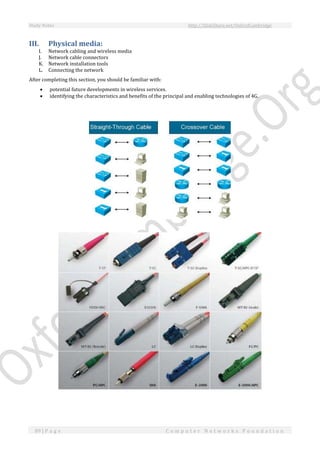 Study Notes http://SlideShare.net/OxfordCambridge
89 | P a g e C o m p u t e r N e t w o r k s F o u n d a t i o n
III. Physical media:
I. Network cabling and wireless media
J. Network cable connectors
K. Network installation tools
L. Connecting the network
After completing this section, you should be familiar with:
 potential future developments in wireless services.
 identifying the characteristics and benefits of the principal and enabling technologies of 4G.
 