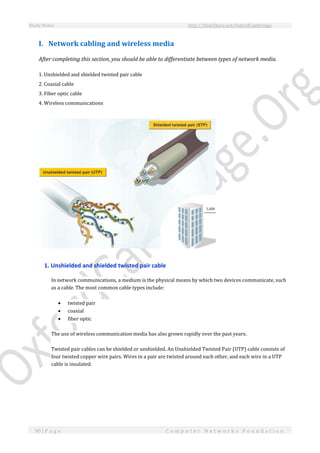 Study Notes http://SlideShare.net/OxfordCambridge
90 | P a g e C o m p u t e r N e t w o r k s F o u n d a t i o n
I. Network cabling and wireless media
After completing this section, you should be able to differentiate between types of network media.
1. Unshielded and shielded twisted pair cable
2. Coaxial cable
3. Fiber optic cable
4. Wireless communications
1. Unshielded and shielded twisted pair cable
In network communications, a medium is the physical means by which two devices communicate, such
as a cable. The most common cable types include:
 twisted pair
 coaxial
 fiber optic
The use of wireless communication media has also grown rapidly over the past years.
Twisted pair cables can be shielded or unshielded. An Unshielded Twisted Pair (UTP) cable consists of
four twisted copper wire pairs. Wires in a pair are twisted around each other, and each wire in a UTP
cable is insulated.
 