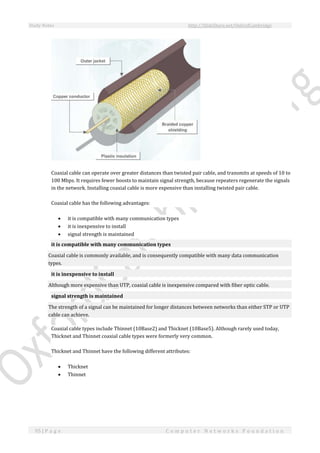 Study Notes http://SlideShare.net/OxfordCambridge
95 | P a g e C o m p u t e r N e t w o r k s F o u n d a t i o n
Coaxial cable can operate over greater distances than twisted pair cable, and transmits at speeds of 10 to
100 Mbps. It requires fewer boosts to maintain signal strength, because repeaters regenerate the signals
in the network. Installing coaxial cable is more expensive than installing twisted pair cable.
Coaxial cable has the following advantages:
 it is compatible with many communication types
 it is inexpensive to install
 signal strength is maintained
it is compatible with many communication types
Coaxial cable is commonly available, and is consequently compatible with many data communication
types.
it is inexpensive to install
Although more expensive than UTP, coaxial cable is inexpensive compared with fiber optic cable.
signal strength is maintained
The strength of a signal can be maintained for longer distances between networks than either STP or UTP
cable can achieve.
Coaxial cable types include Thinnet (10Base2) and Thicknet (10Base5). Although rarely used today,
Thicknet and Thinnet coaxial cable types were formerly very common.
Thicknet and Thinnet have the following different attributes:
 Thicknet
 Thinnet
 