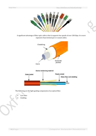 Study Notes http://SlideShare.net/OxfordCambridge
98 | P a g e C o m p u t e r N e t w o r k s F o u n d a t i o n
A significant advantage of fiber optic cable is that it supports line speeds of over 100 Gbps. It is more
expensive than twisted pair or coaxial cables.
The following are the light-guiding components of an optical fiber.
 Core fiber
 Cladding
 