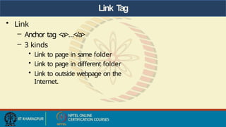 Link T
ag
• Link
– Anchor tag <a>…</a>
– 3 kinds
• Link to page in same folder
• Link to page in different folder
• Link to outside webpage on the
Internet.
 
